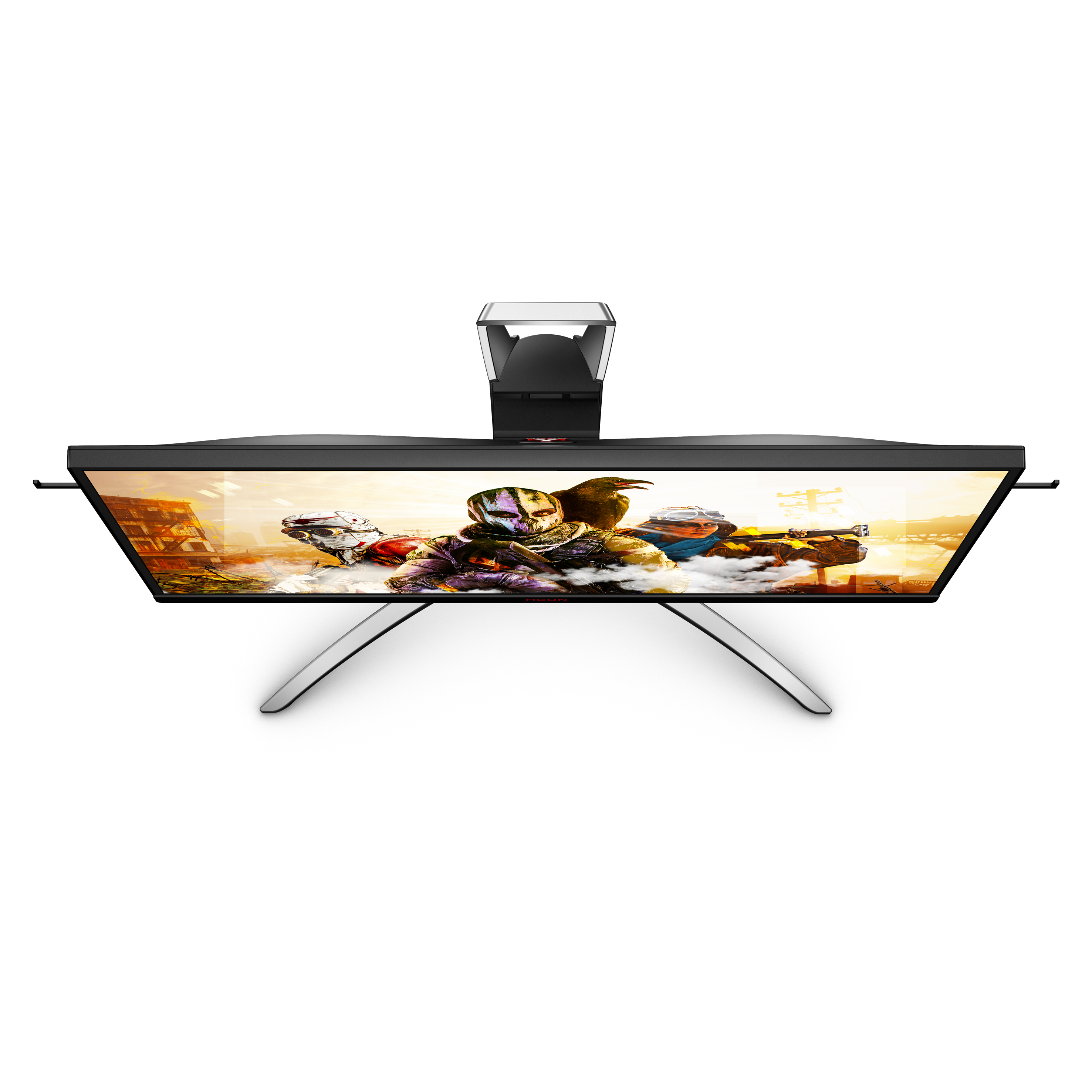 Gaming-Monitor, Draufsicht, Spielszene zeigend. Silberner Ständer, schwarzer Rahmen.