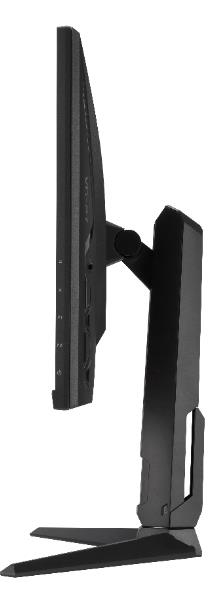 Schwarzer Computermonitor mit Ständer, Seitenansicht, Anschlüsse sichtbar.
