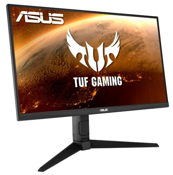 Schwarzer ASUS TUF Gaming Monitor. Der Bildschirm zeigt ein Logo über einem feurigen Hintergrund. Ein schwarzer Ständer hält ihn.