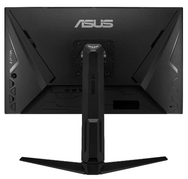 Die Rückseite eines schwarzen ASUS-Monitors. Das ASUS-Logo befindet sich oben mit einem Ständer und verschiedenen Anschlüssen darunter.