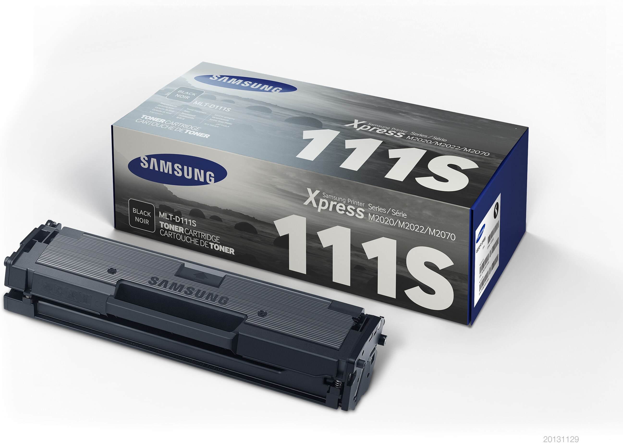 Samsung 111S Tonerkartusche und ihre Verpackung, schwarz, weißer Hintergrund.