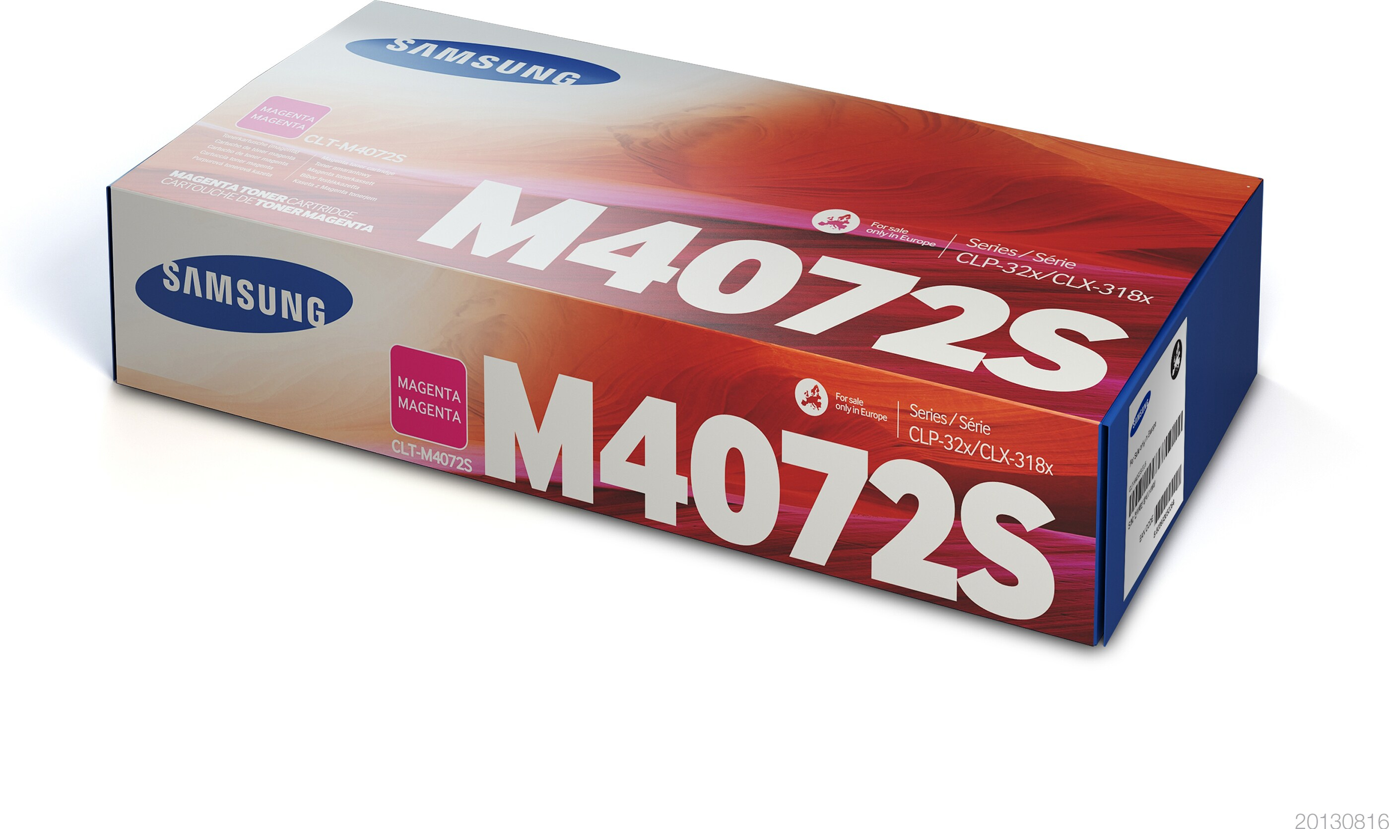 Box mit magenta Toner, Samsung und M4072S Etiketten.