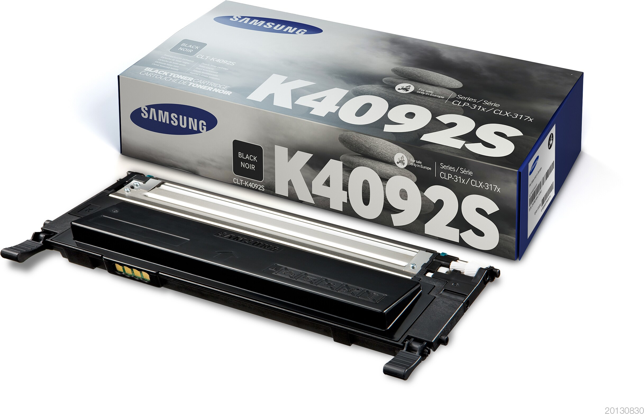 Samsung schwarze Tonerkartuschenbox und die Kartusche davor platziert.