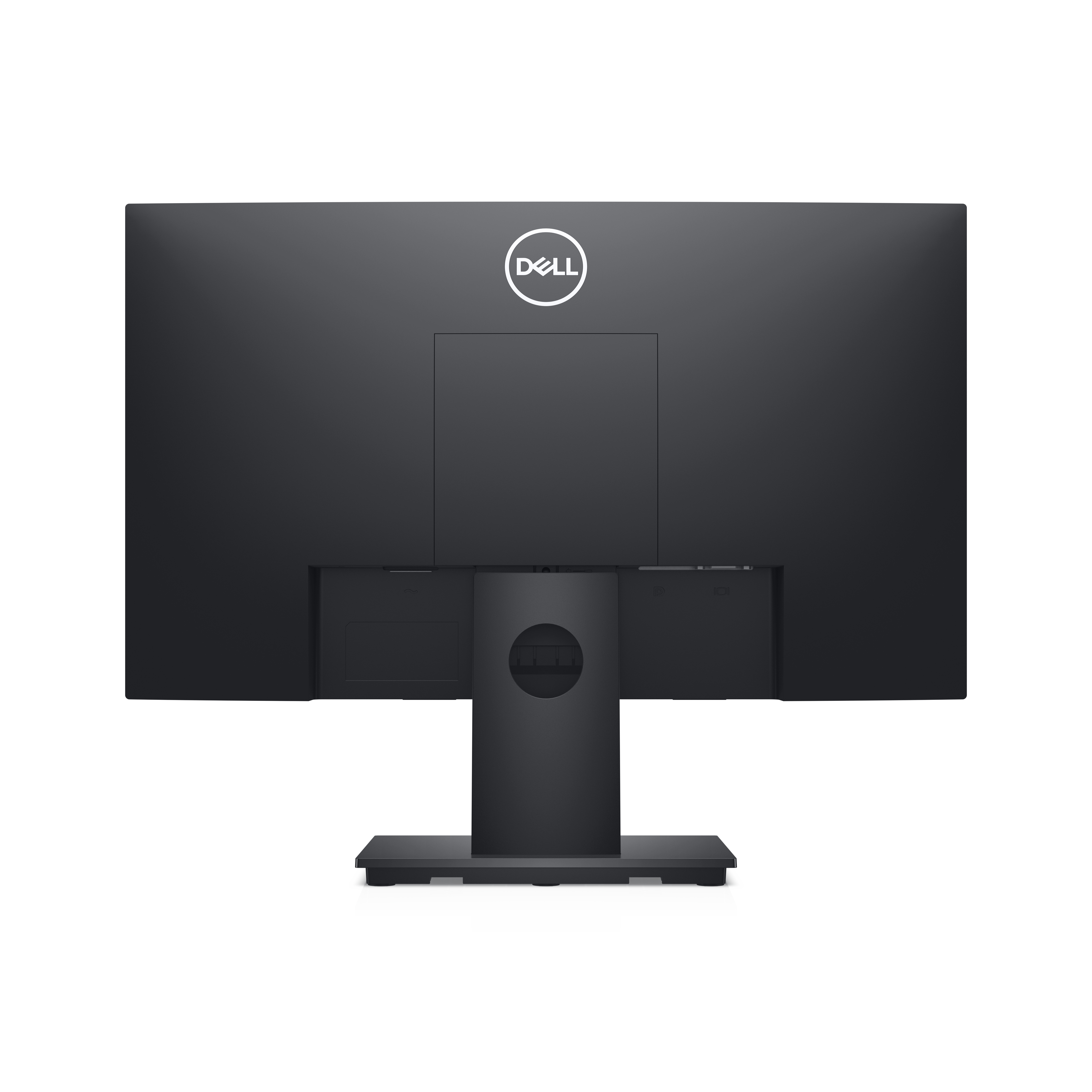 Rückseite eines schwarzen Dell-Monitors, mit Ständer und Anschlüssen, vor weißem Hintergrund.