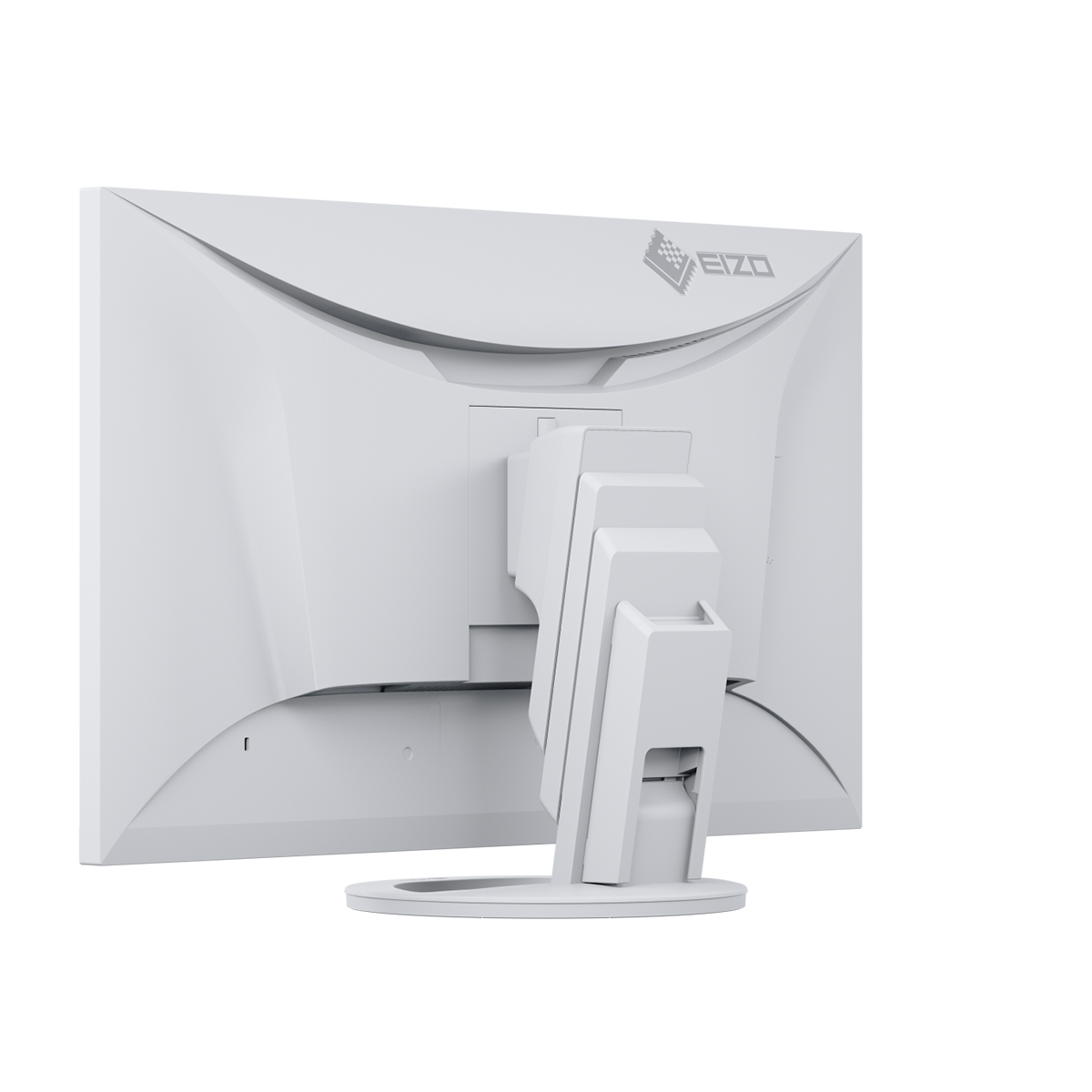 Rückansicht eines weißen EIZO-Monitors mit Ständer. Der Ständer hat ein einzigartiges Design.
