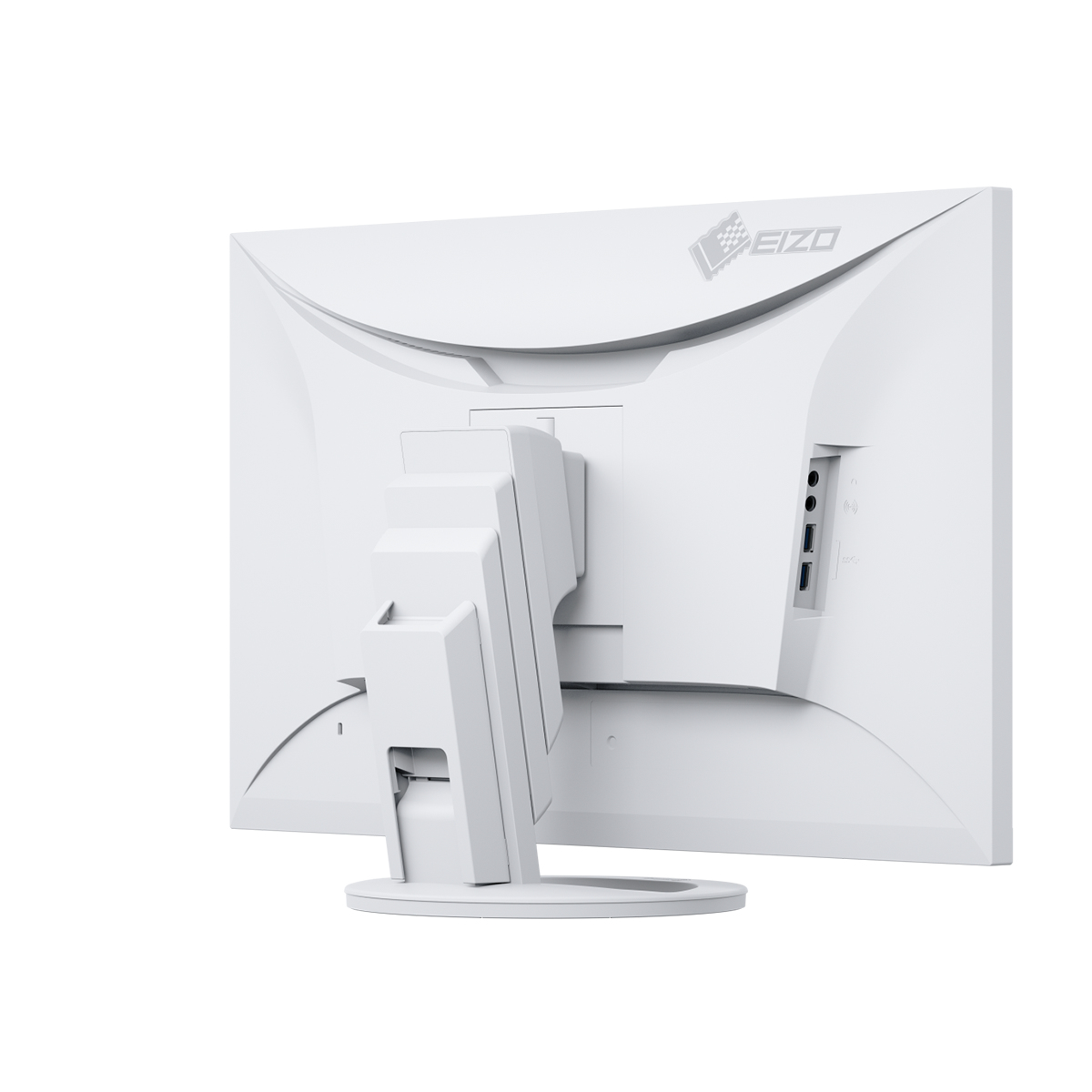 Weißer EIZO Monitor. Rückansicht, zeigt Anschlüsse und Ständer. EIZO Logo oben.