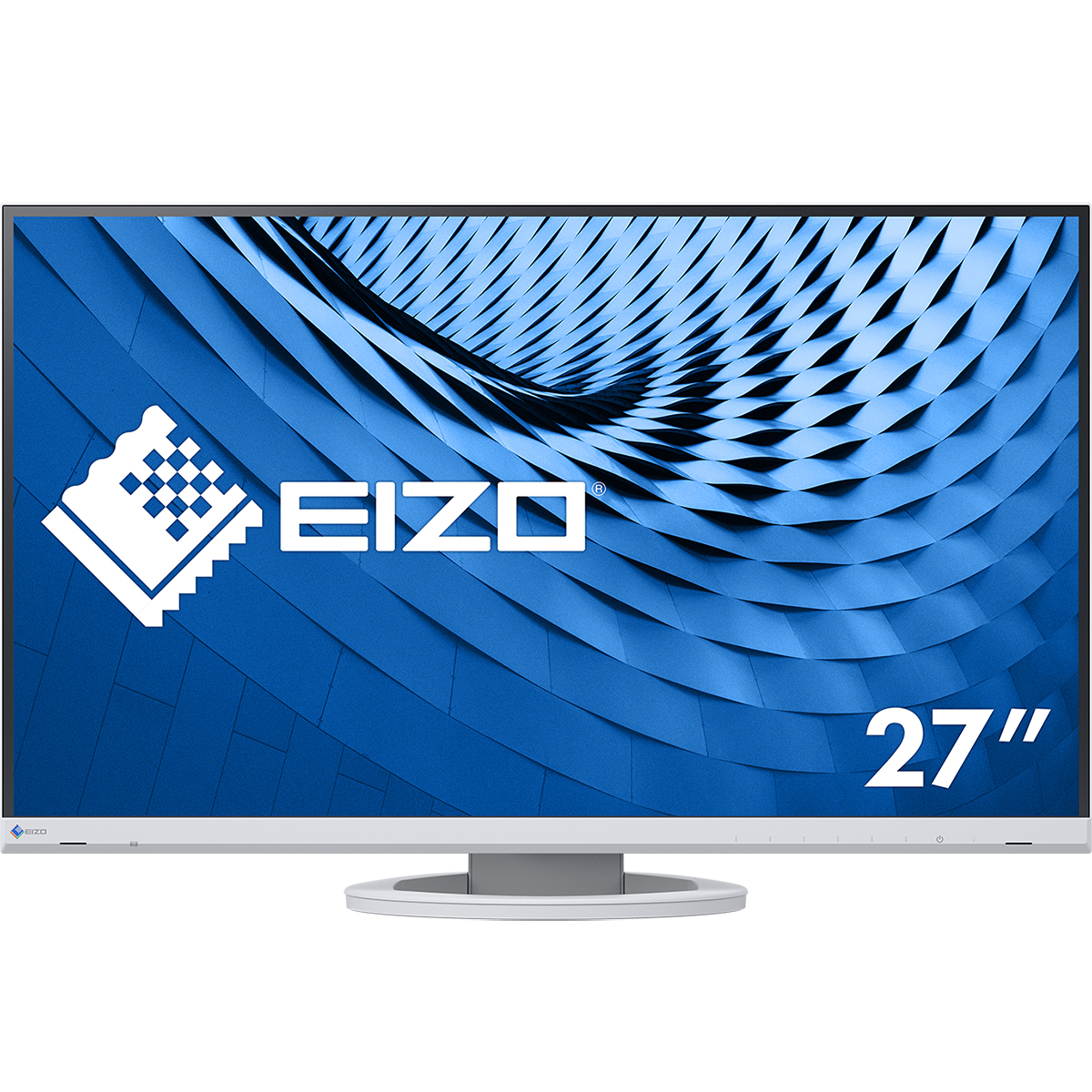 EIZO 27-Zoll-Monitor auf weißem Ständer vor blauem, gemustertem Hintergrund.