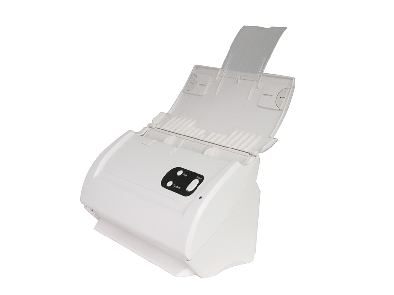 Ein weißer und cremefarbener Scanner mit geöffnetem Deckel.