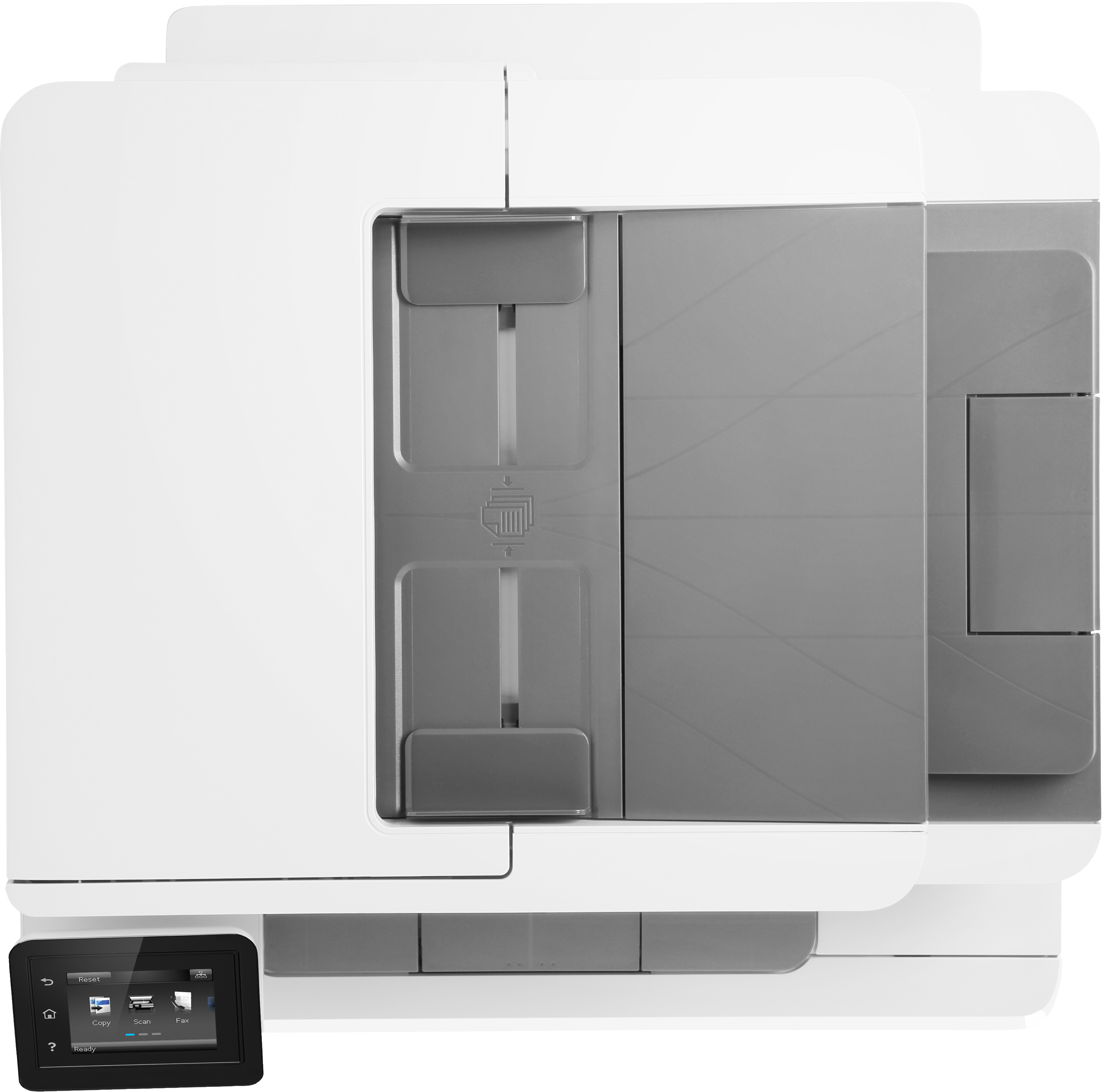 Ein weißer Drucker mit schwarzem Bildschirm wird angezeigt. Das HP-Logo ist sichtbar.