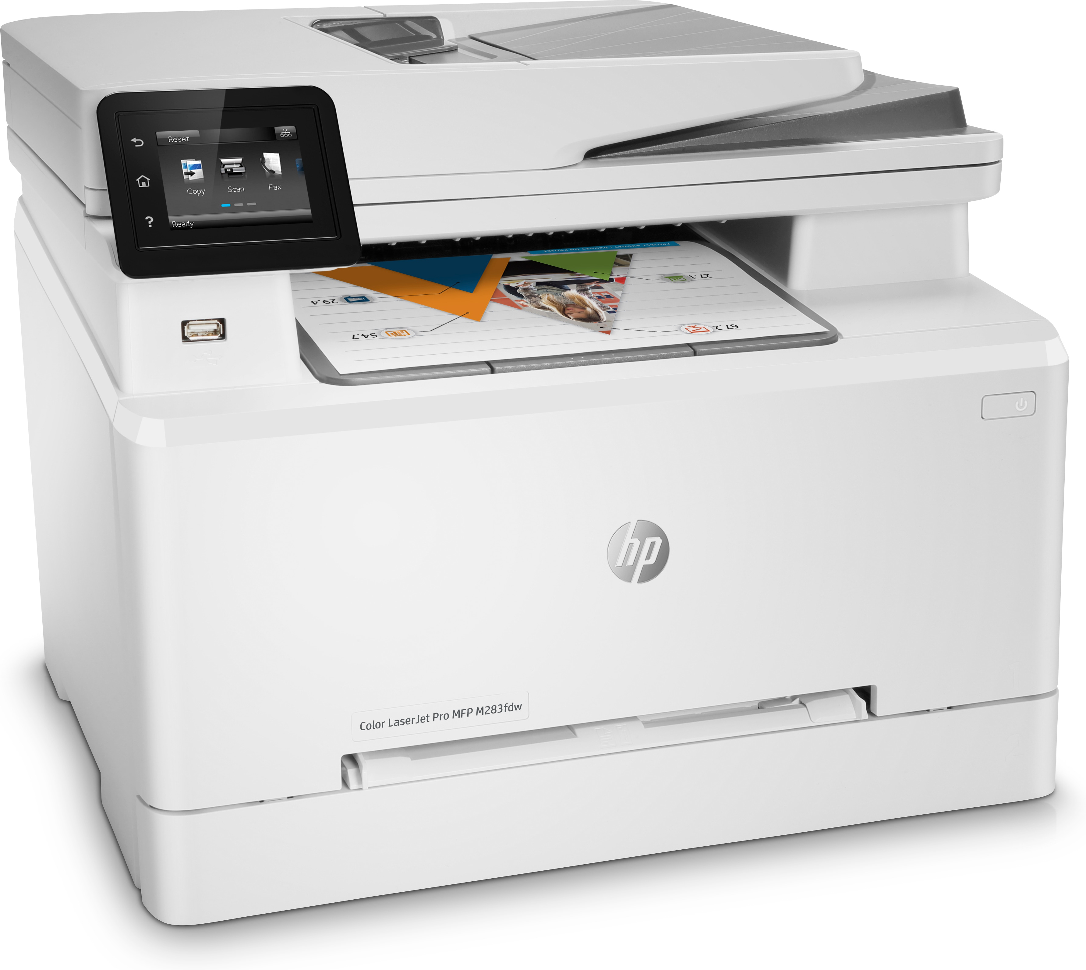 Ein weißer HP Color LaserJet Drucker, aus einem hohen Winkel.