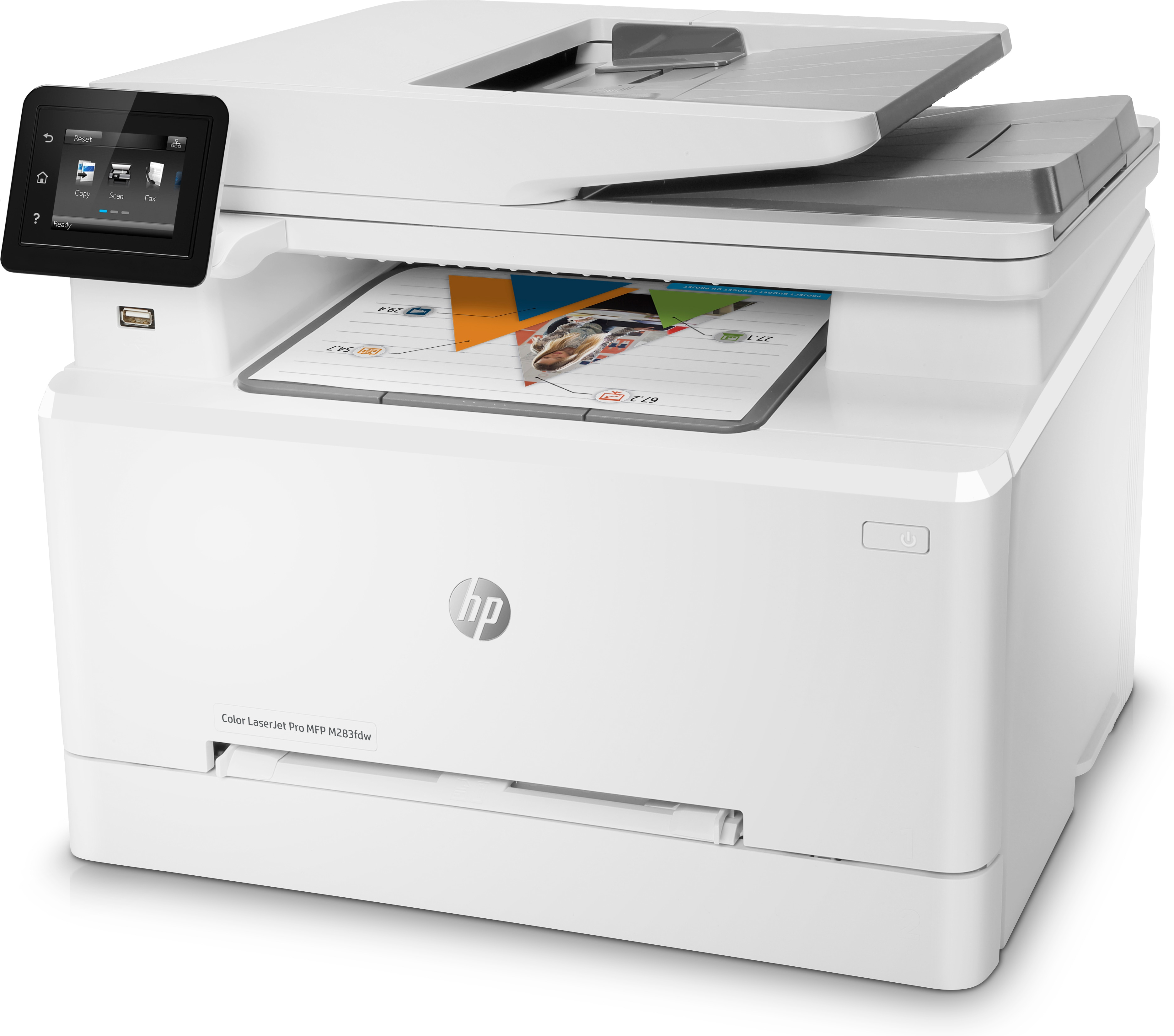 Ein weißer HP-Farblaserdrucker. Er hat ein Bedienfeld, ein Papierfach mit bedruckten Papieren und eine offene Oberseite.