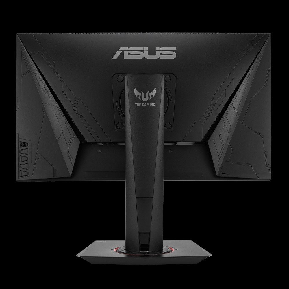 Die Rückansicht eines schwarzen ASUS-Monitors auf schwarzem Hintergrund. Das ASUS-Logo ist sichtbar.