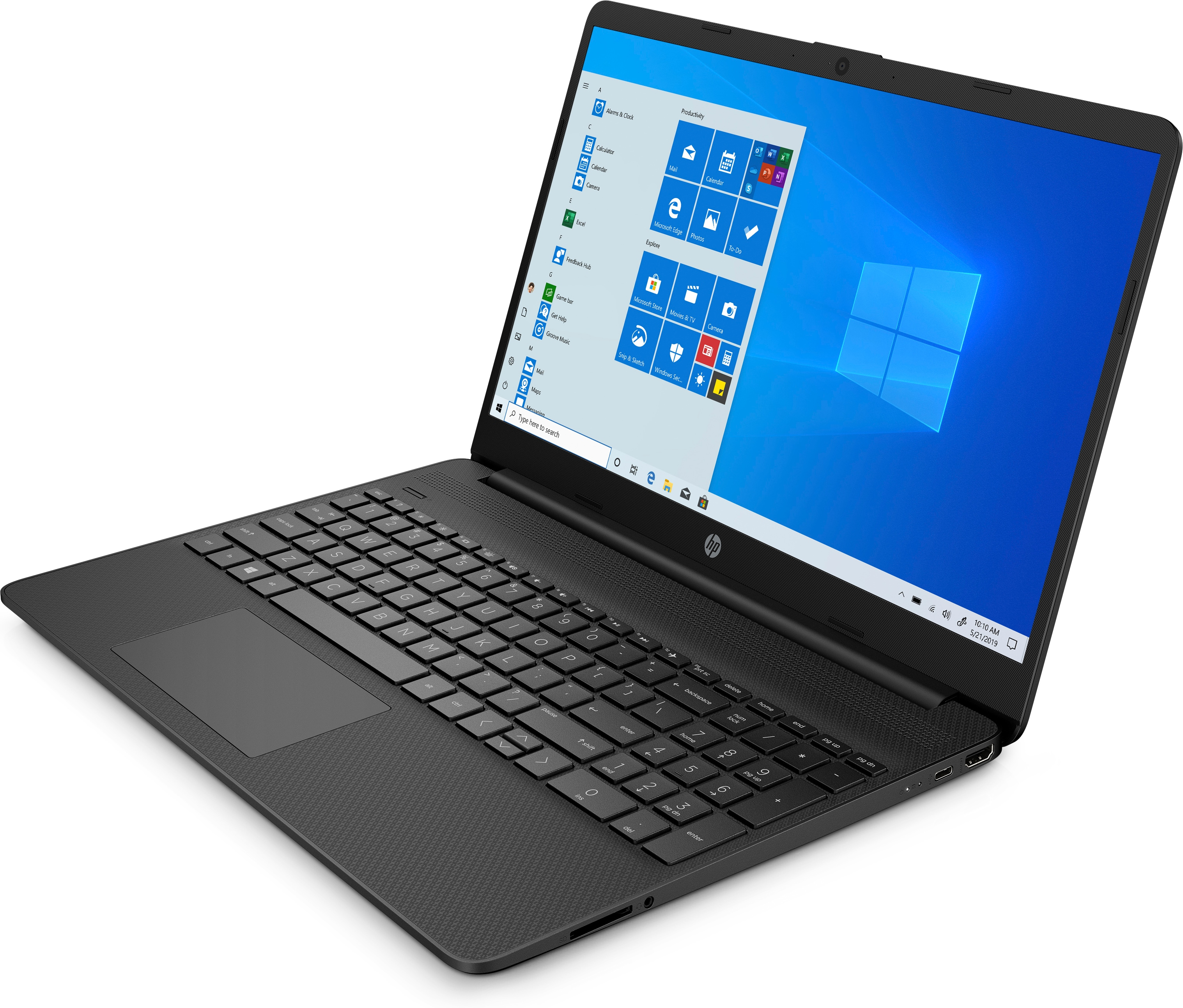 Schwarzer HP Laptop, offen, Windows-Desktop wird angezeigt.