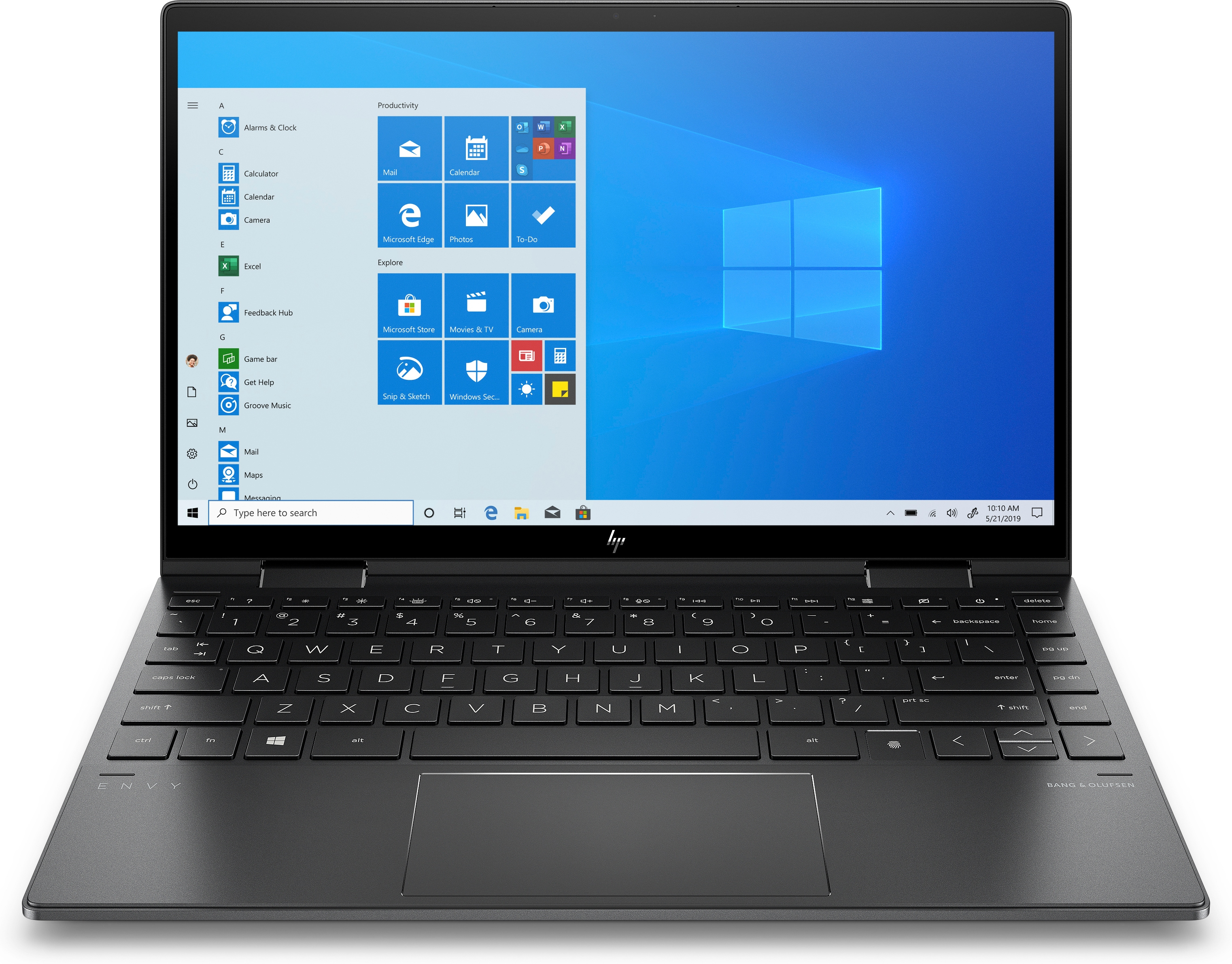 Schwarzes HP Envy-Laptop geöffnet, Windows-Desktop anzeigend. Tastatur sichtbar, mit Bang & Olufsen Logo.