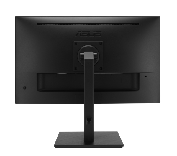 Schwarzer Computermonitor, Rückansicht, mit Ständer.