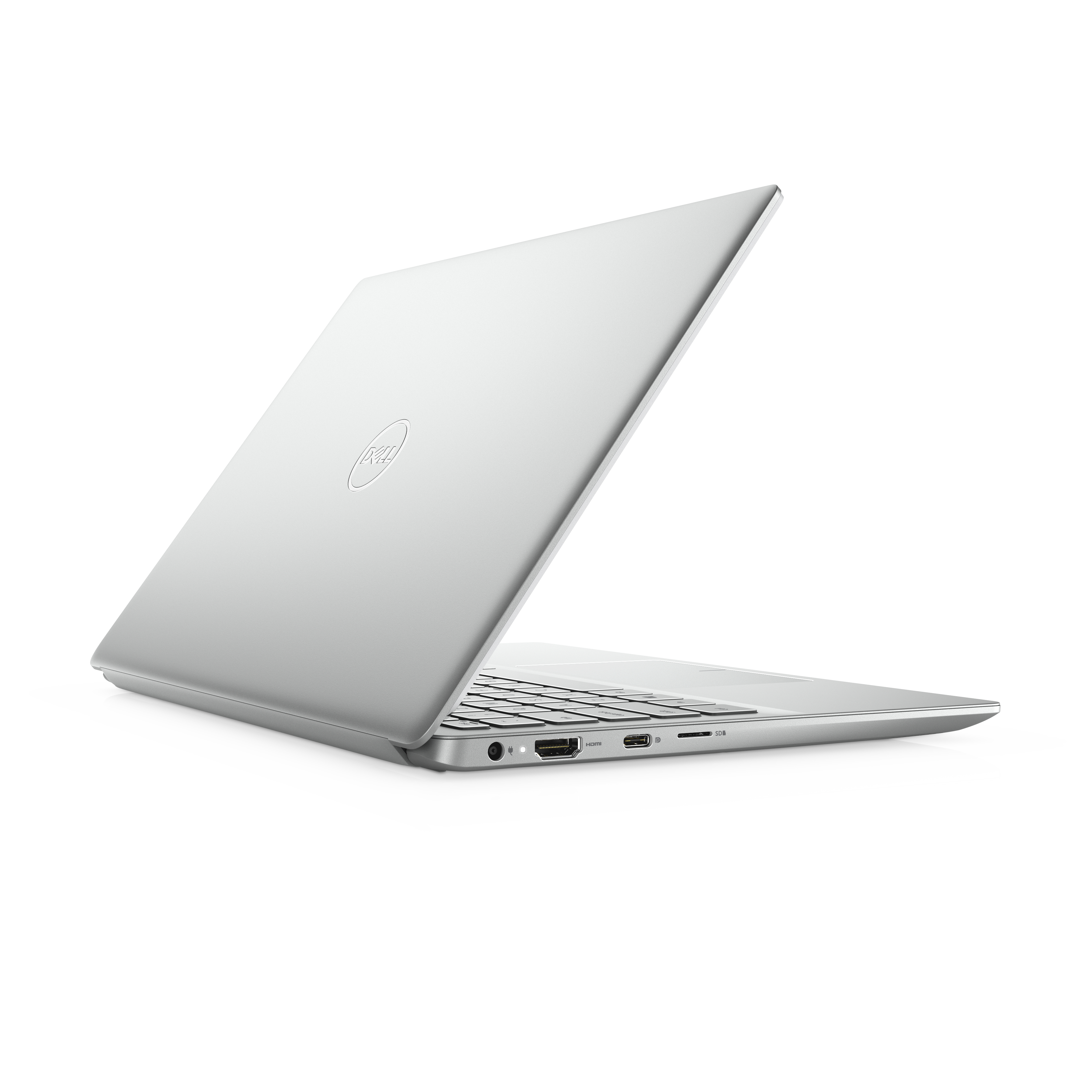 Ein silberner Dell-Laptop auf weißem Hintergrund, seitlich geöffnet mit sichtbaren Anschlüssen und dem Dell-Logo.
