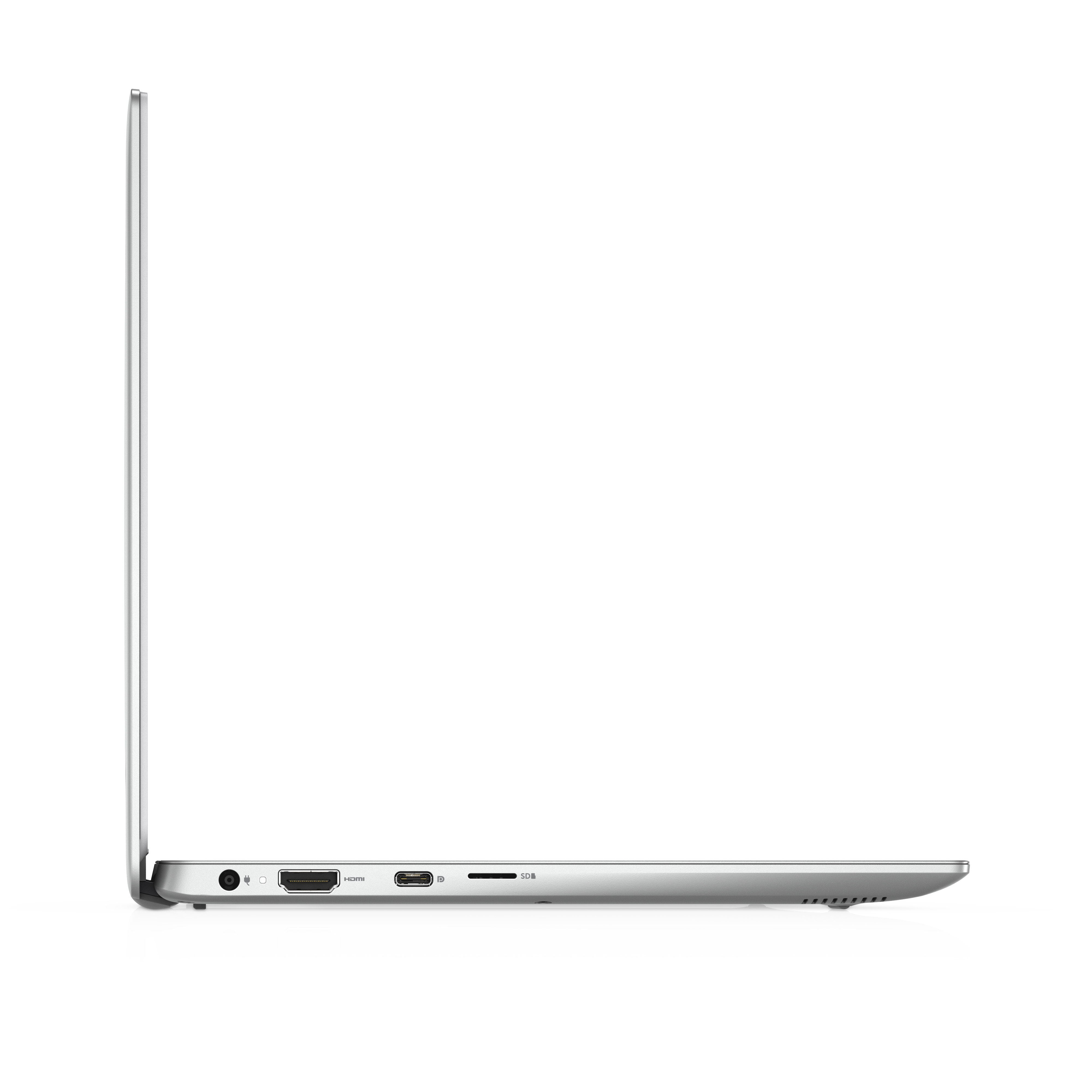 Linke Seite eines silbernen Laptops mit Strom-, HDMI-, USB-C- und SD-Karten-Anschlüssen.