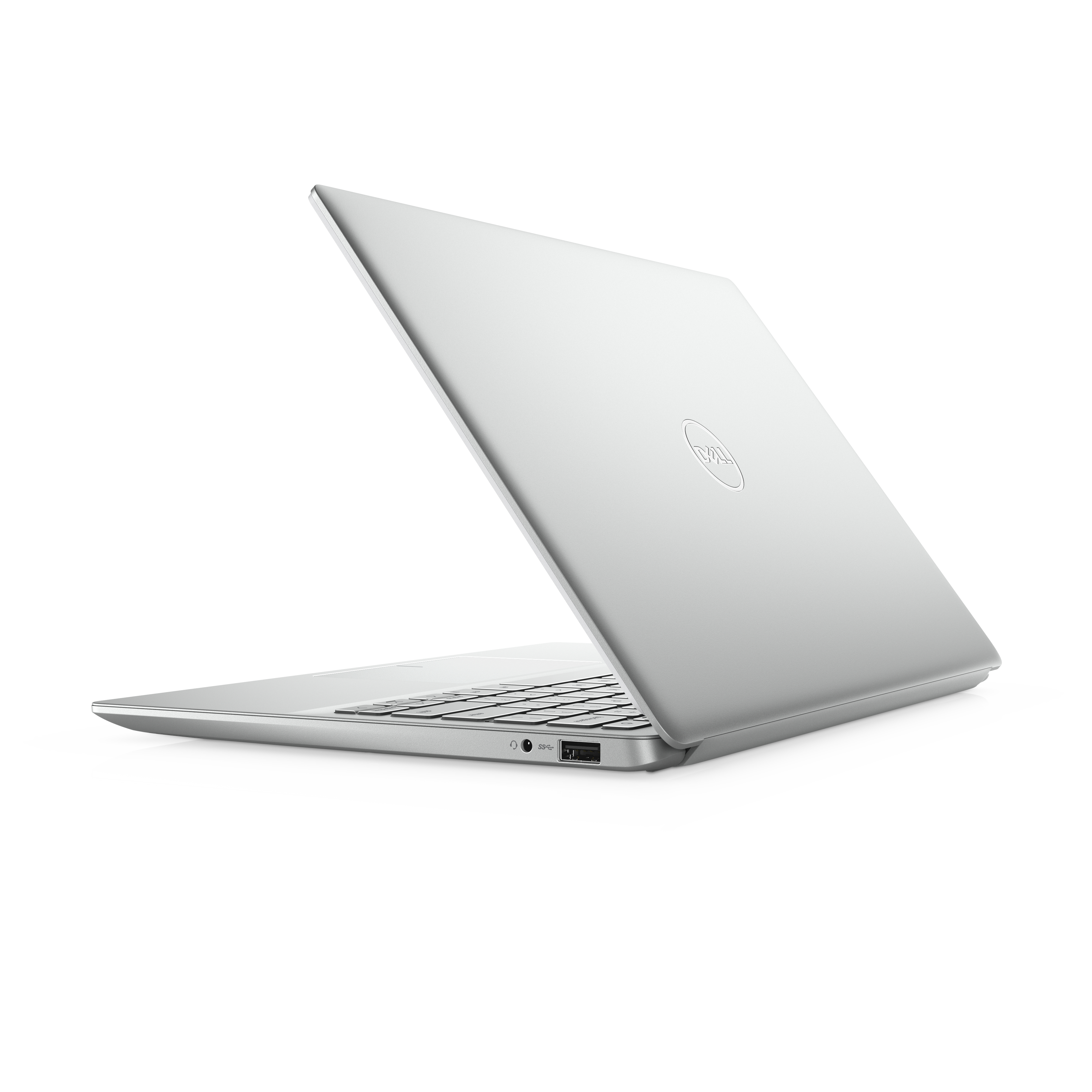 Silberner Laptop auf weißem Hintergrund. Der Bildschirm ist geöffnet.