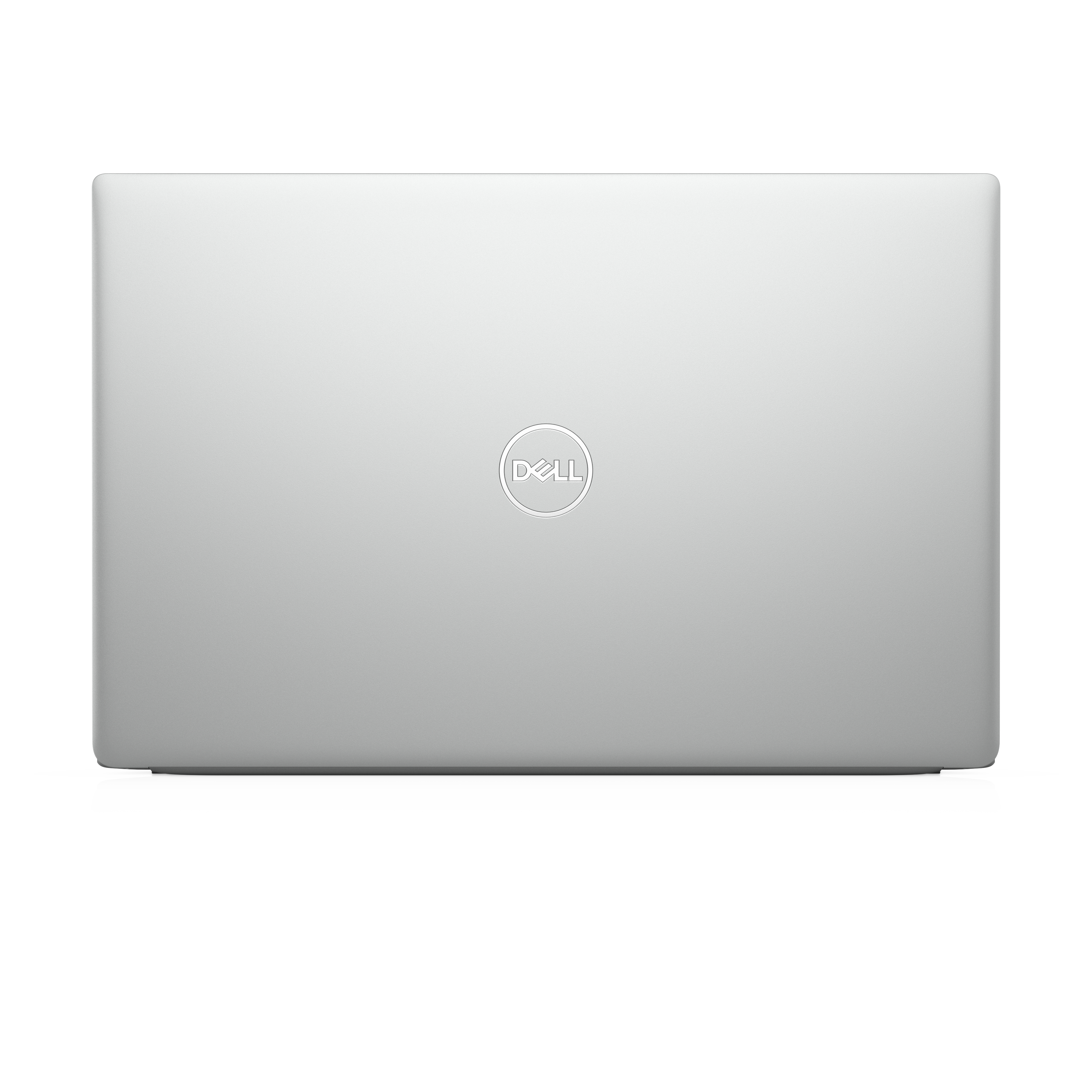 Geschlossener silberner Dell Laptop von oben mit zentriertem Dell Logo auf weißem Hintergrund.