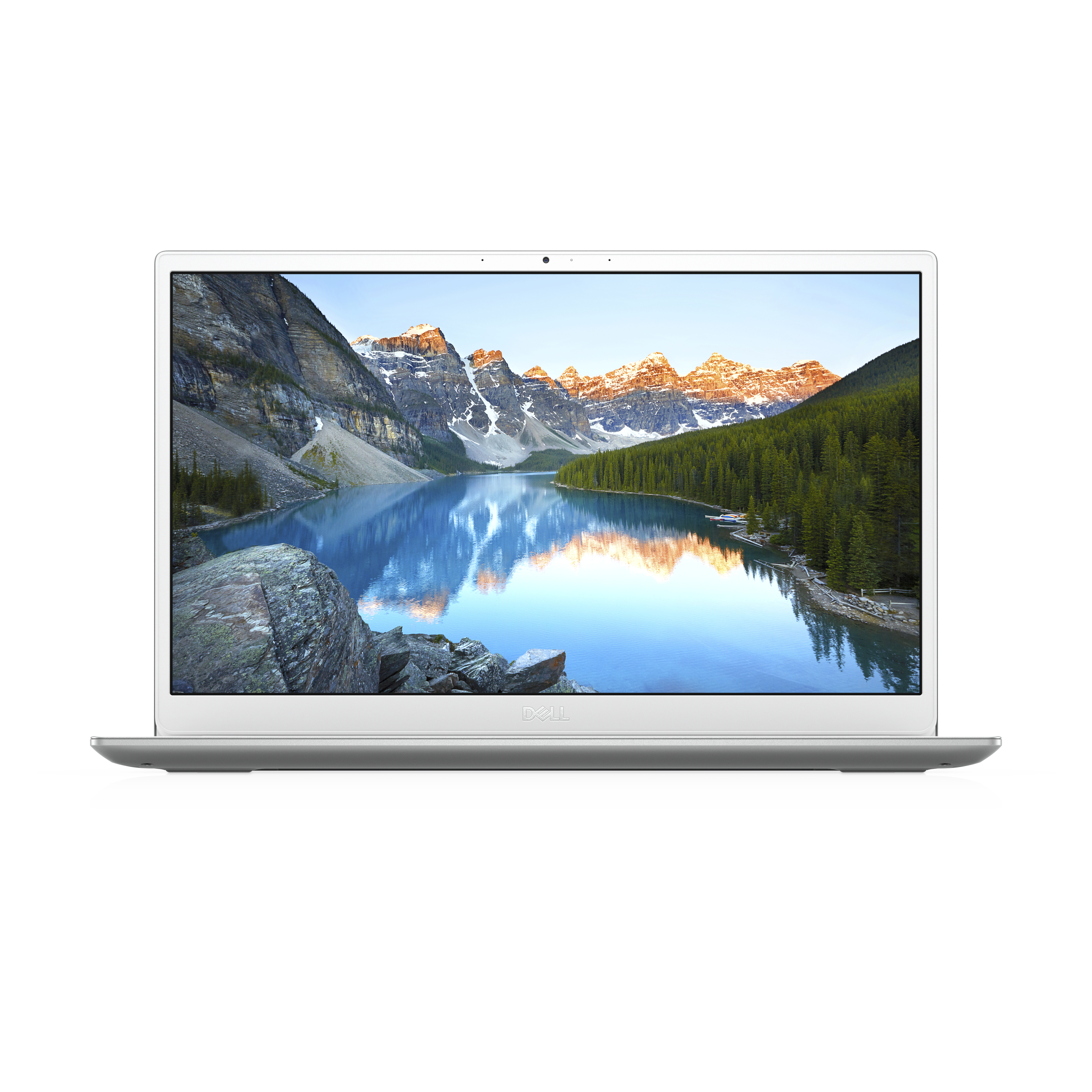 Ein silberner Dell-Laptop mit einer malerischen Bergsee-Hintergrundbild auf dem Bildschirm.