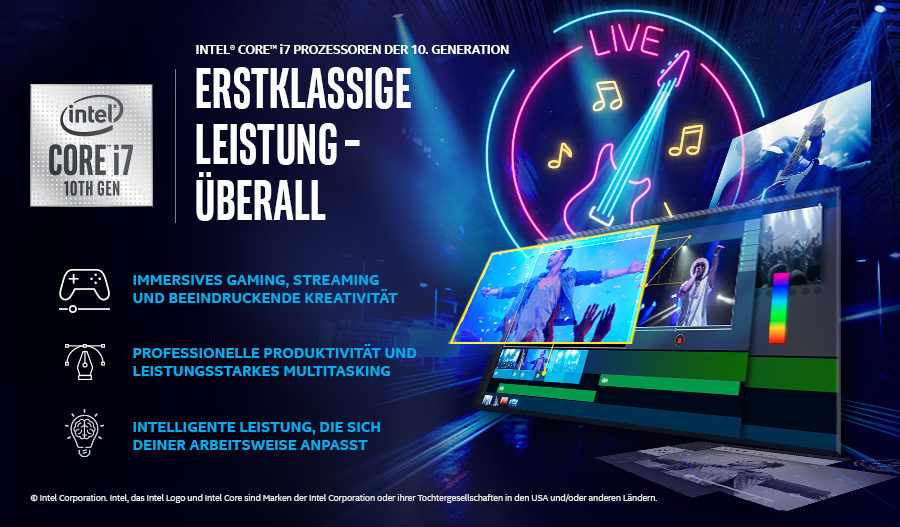 Eine Werbung mit Text und Bildern über Intel Core i7 Prozessoren. Im Hintergrund befindet sich eine Bühne.