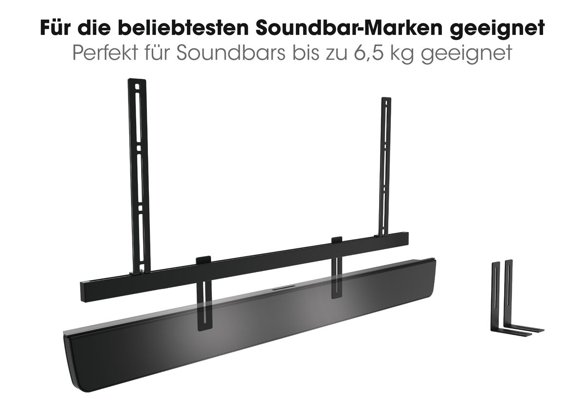 Soundbar-Setup mit Halterungen, schwarz und silber, mit Text zur Kompatibilität.