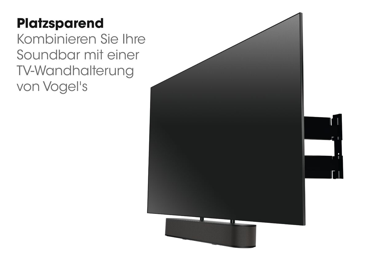 Ein Fernseher, der an einer Wand montiert ist, mit einer Soundbar darunter. Der Text 'Platzsparend' erscheint.