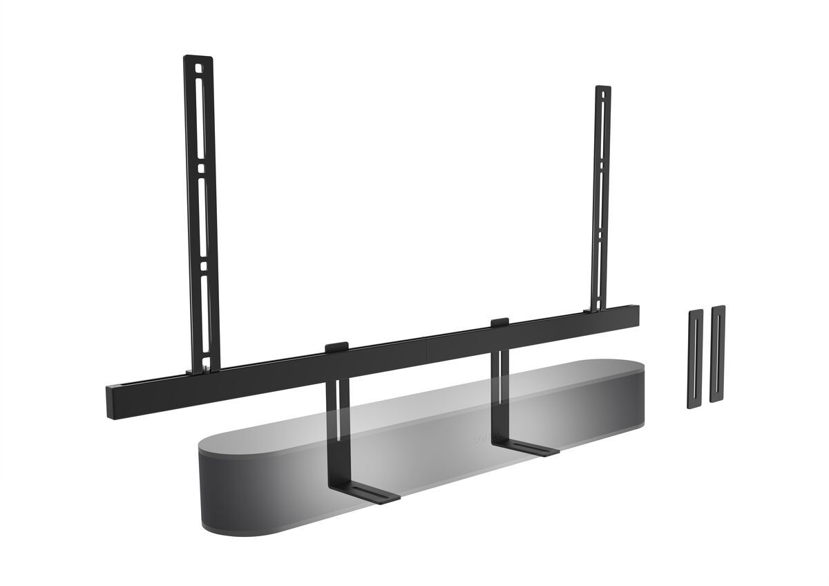 Schwarze Soundbar-Installationsteile und Halterungen auf weißem Hintergrund.