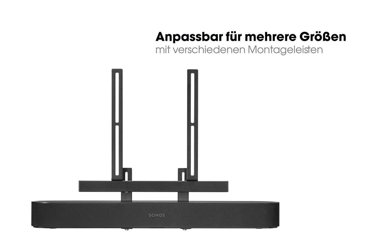 Eine schwarze SONOS Soundbar mit Halterungen. Text: "Anpassbar für mehrere Größen".