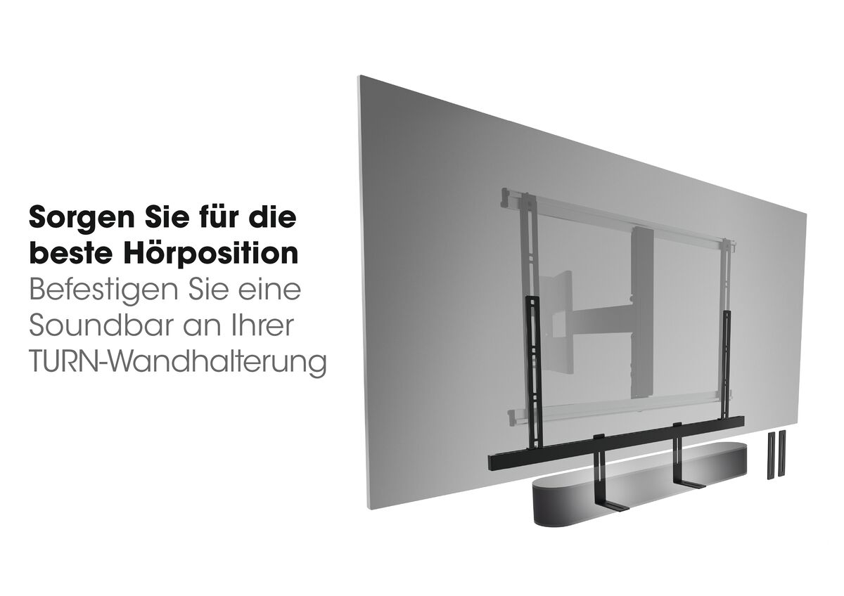Eine Illustration zeigt einen Fernseher und eine Soundbar, die mit der Halterung an der Wand befestigt sind.