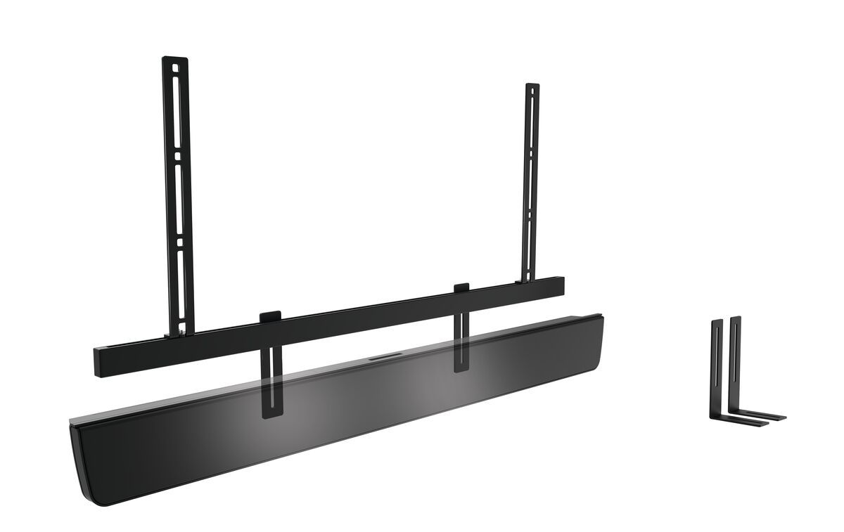 Schwarze Soundbar und Montagehalterungen, mit zwei L-förmigen Halterungen.