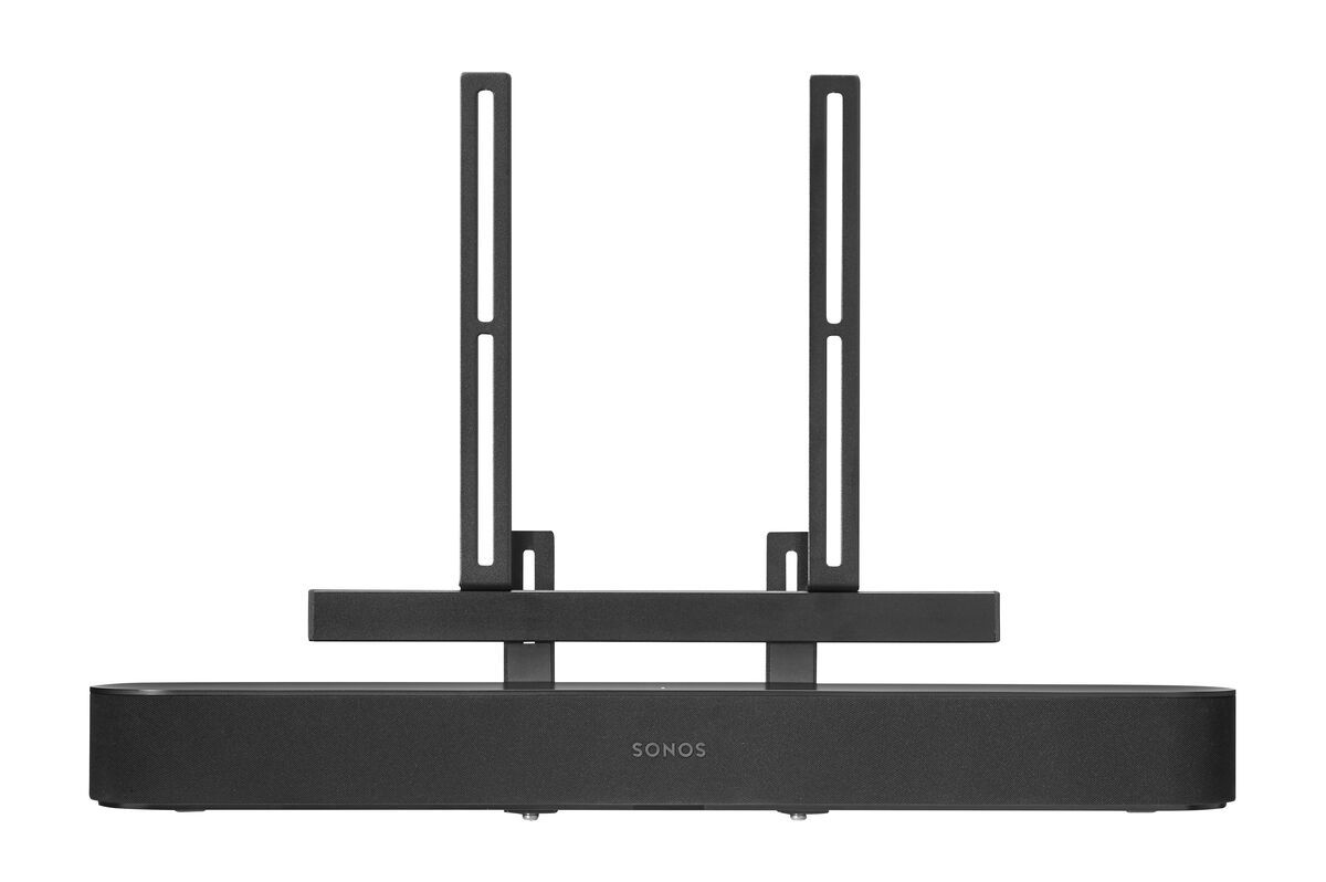 Schwarze Soundbar mit Sonos-Logo und Halterungen zur Montage.