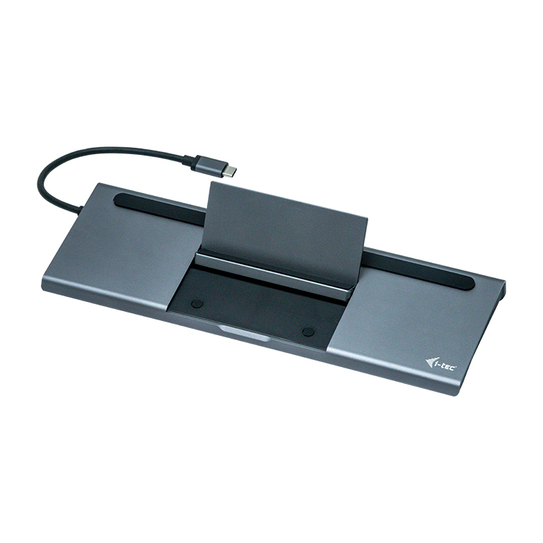 Eine graue Dockingstation mit angeschlossenem USB-C-Kabel.