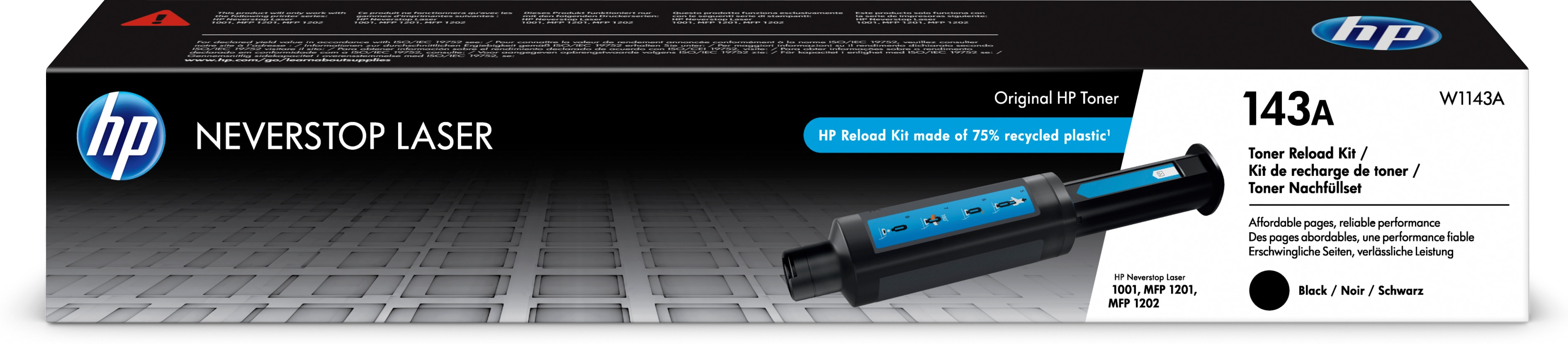 HP Neverstop Laser Tonerkartuschenbox, schwarz und blau, mit Text.