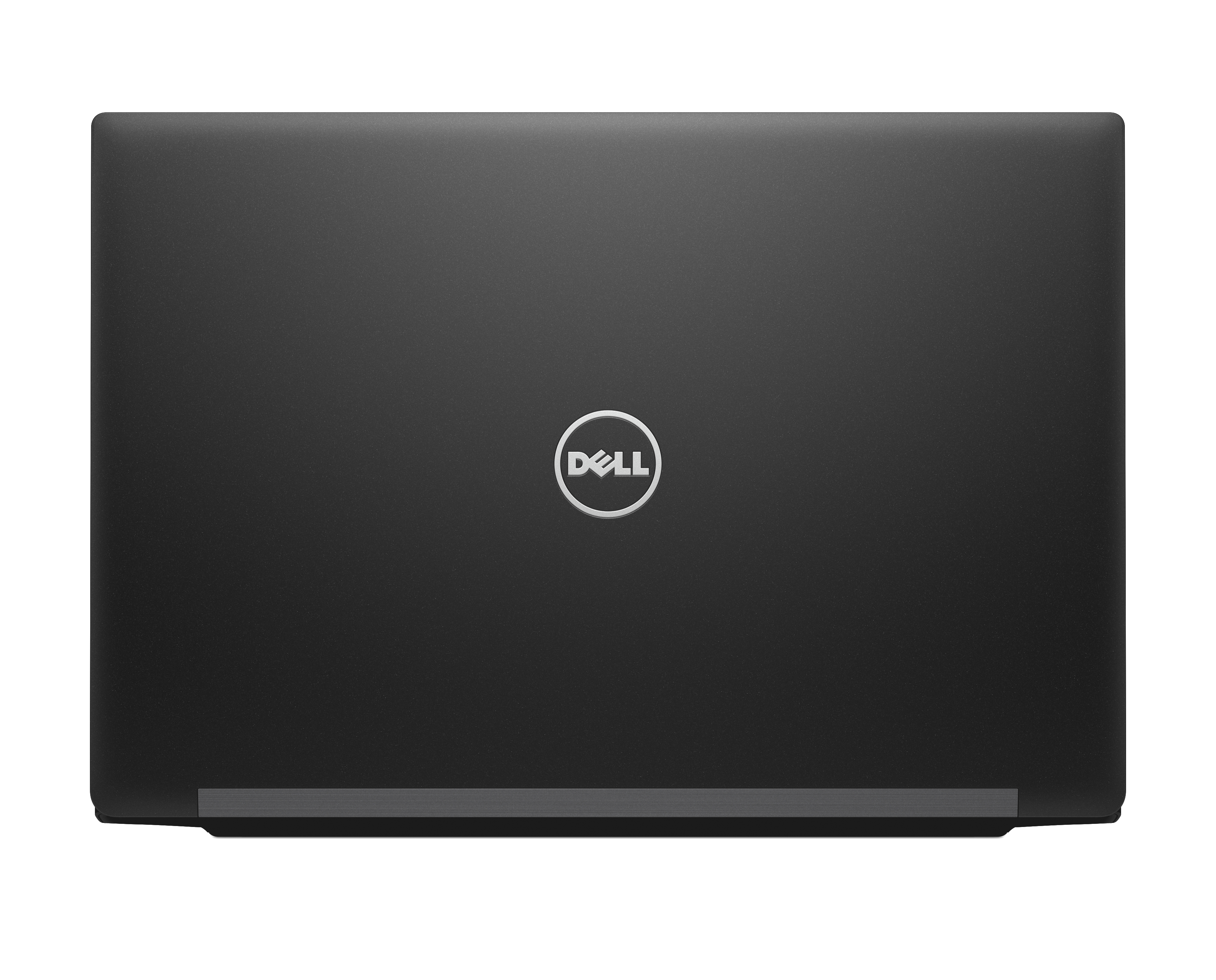 Schwarzer Laptopdeckel mit zentralem Dell-Logo, von oben aufgenommen.