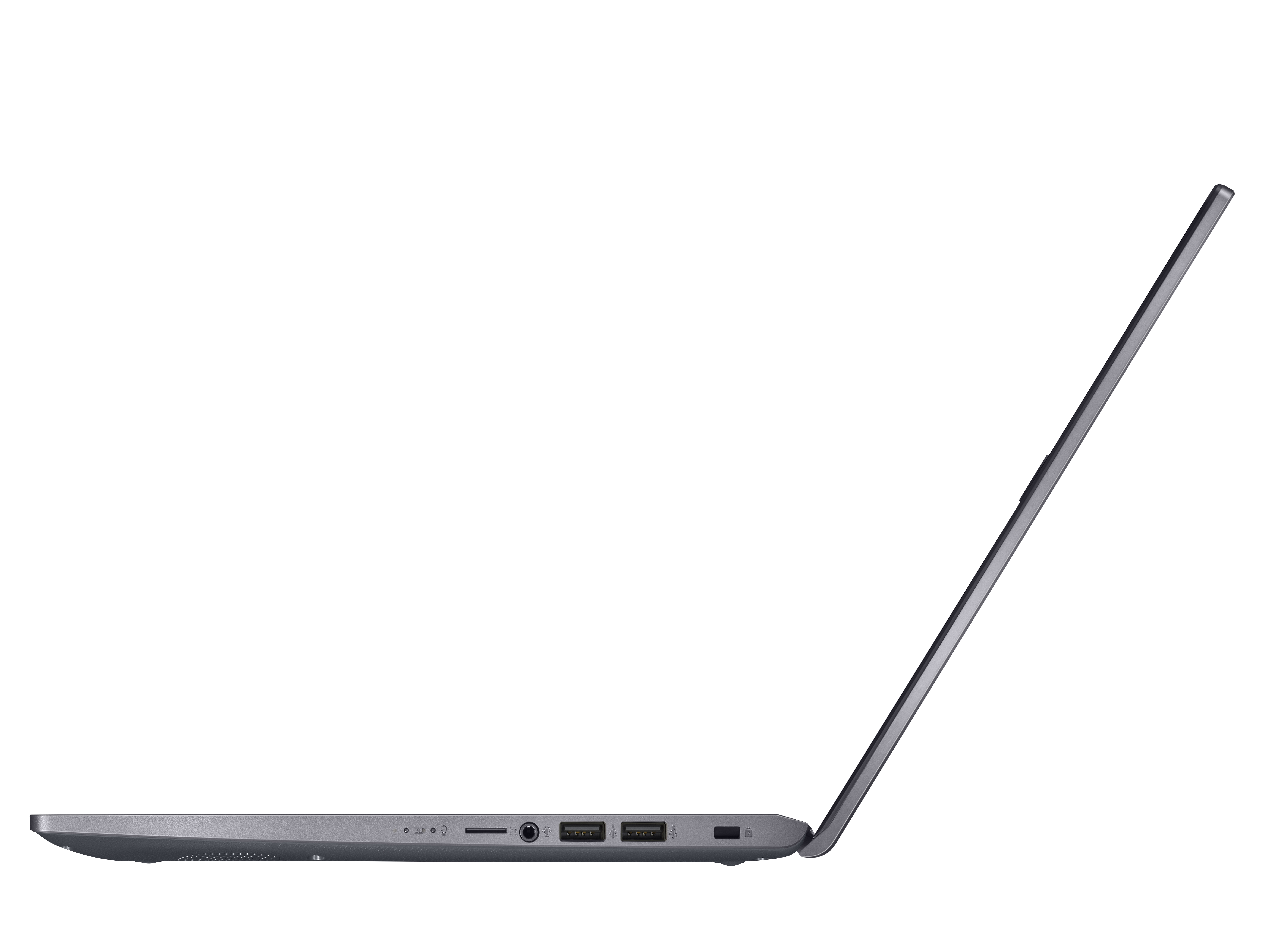Seitenansicht eines schlanken grauen Laptops mit sichtbaren USB-Anschlüssen, Audio-Buchse und Kartenleser auf weißem Grund.