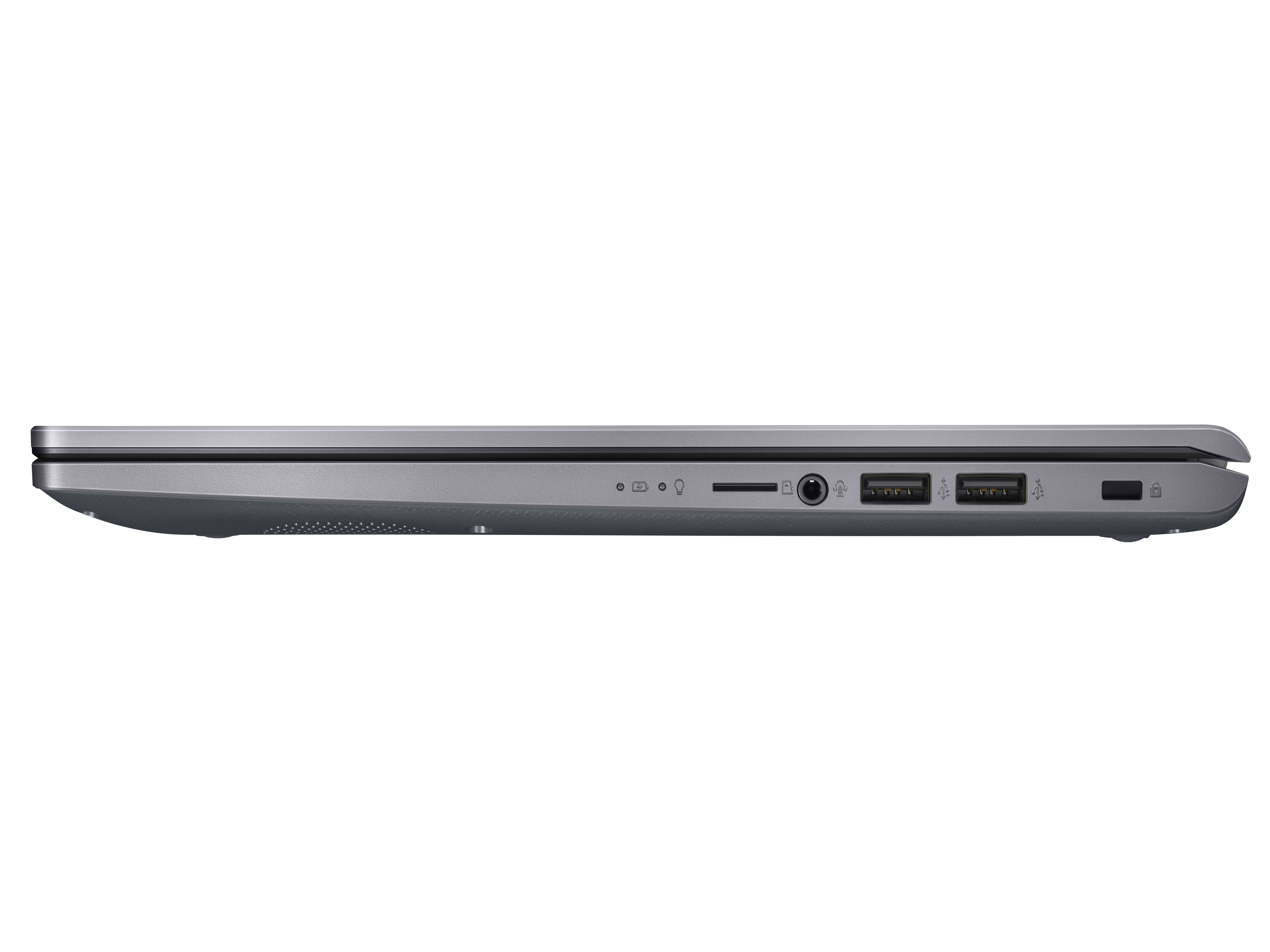 Seitenansicht eines grauen Laptops mit Anschlüssen wie USB, SD-Kartenleser und Kopfhörerbuchse.