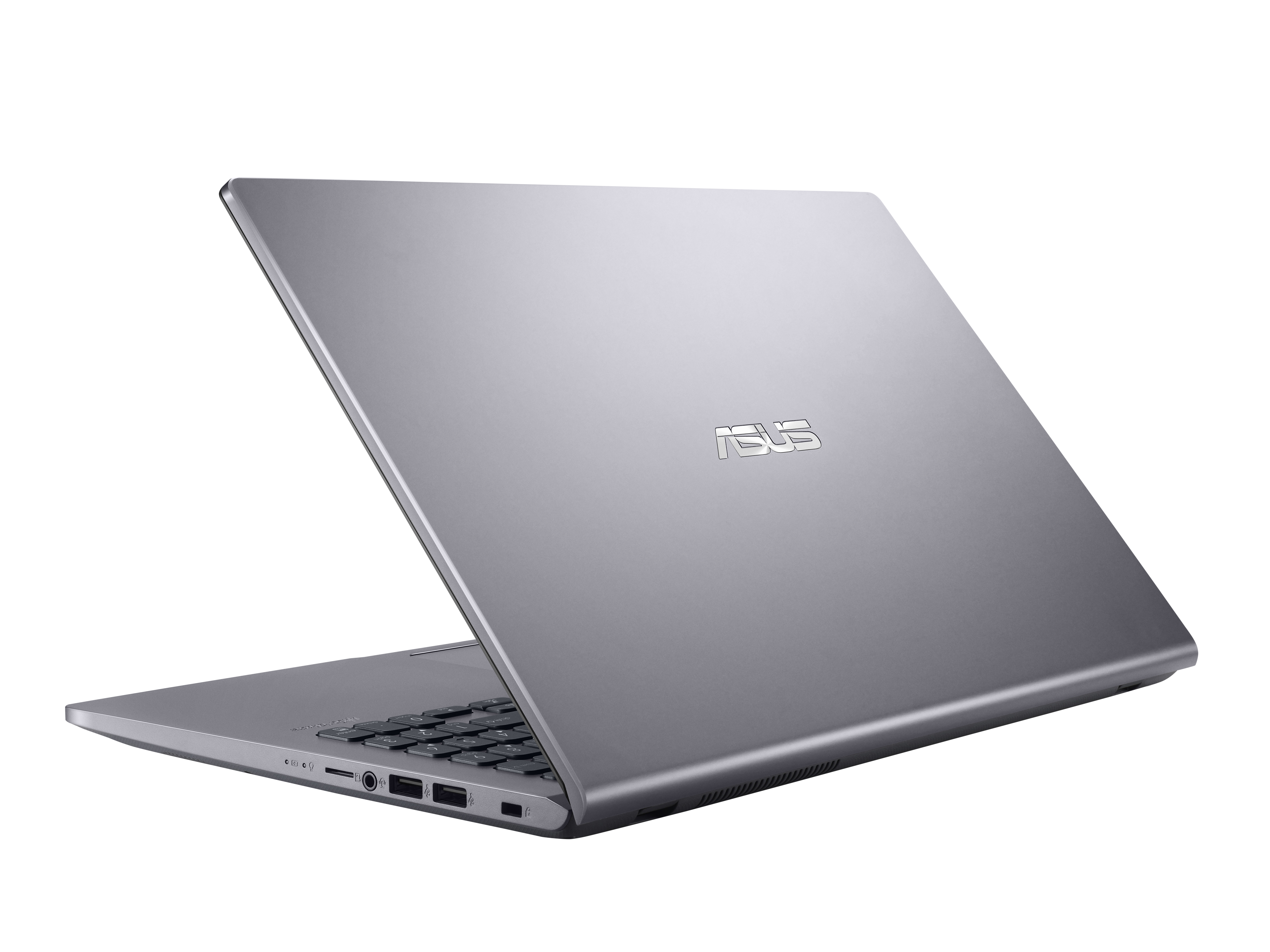 Ein geöffneter silberner ASUS-Laptop ist von schräg hinten vor weißem Hintergrund zu sehen, mit Anschlüssen und Tastatur.