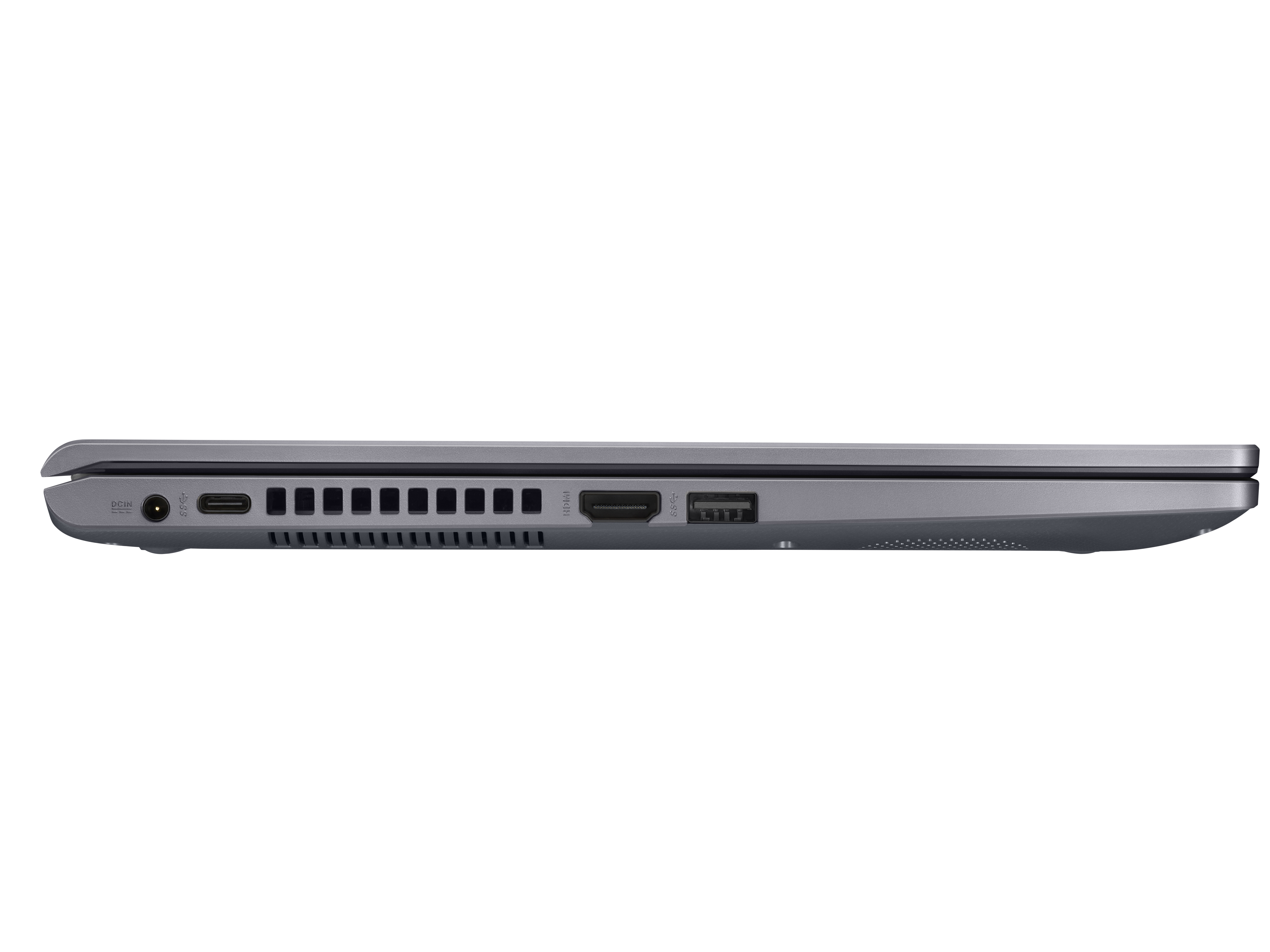Seitenansicht eines grauen Laptops mit Anschlüssen wie Strom, USB-C, HDMI und USB-A sowie Lüftungsschlitzen.