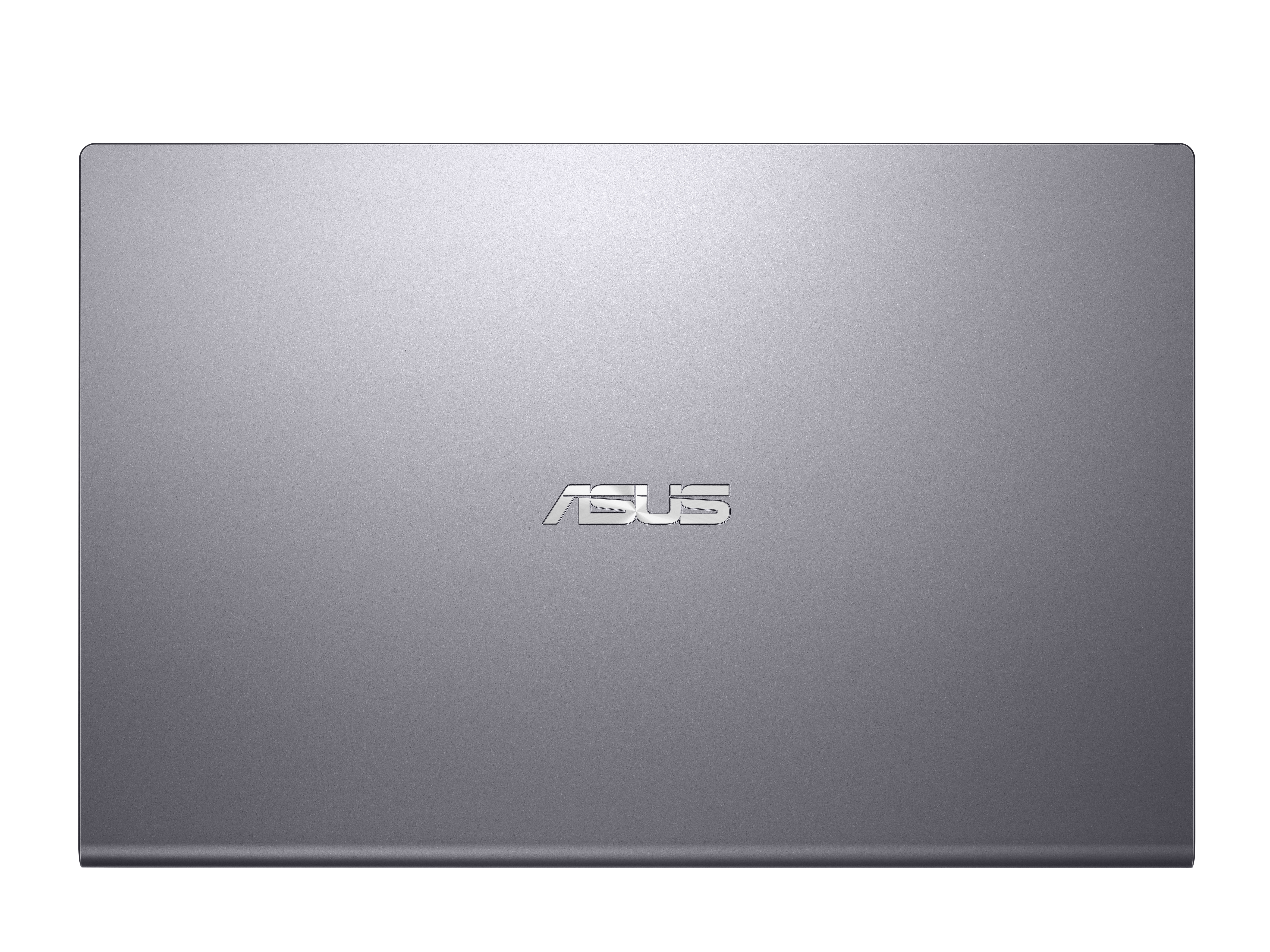 Die geschlossene graue Aluminium-Oberseite eines ASUS-Laptops mit zentriertem silbernen Logo auf weißem Hintergrund.