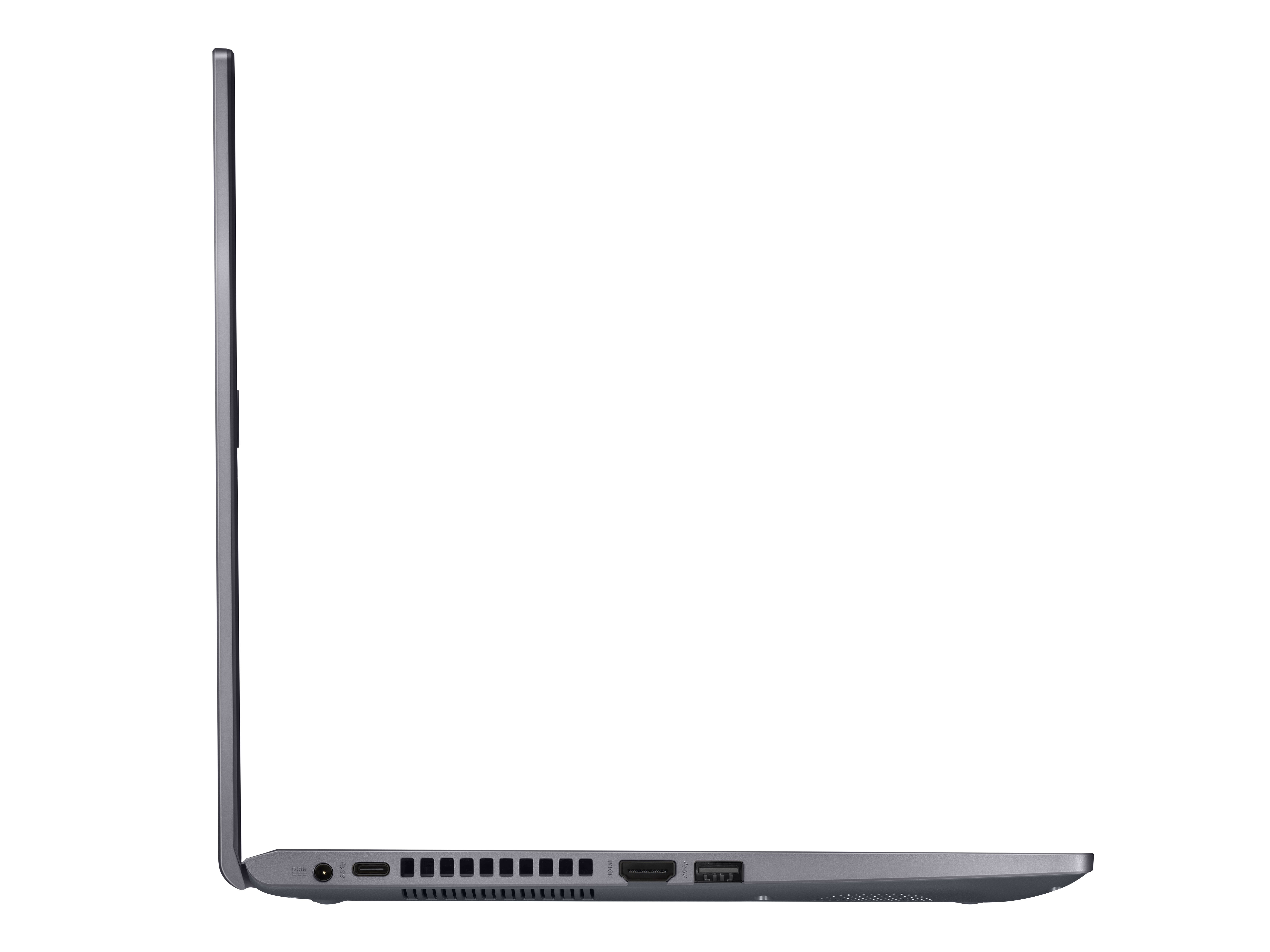 Linke Seite eines grauen Laptops mit Anschlüssen und Lüftungsschlitzen auf weißem Hintergrund.