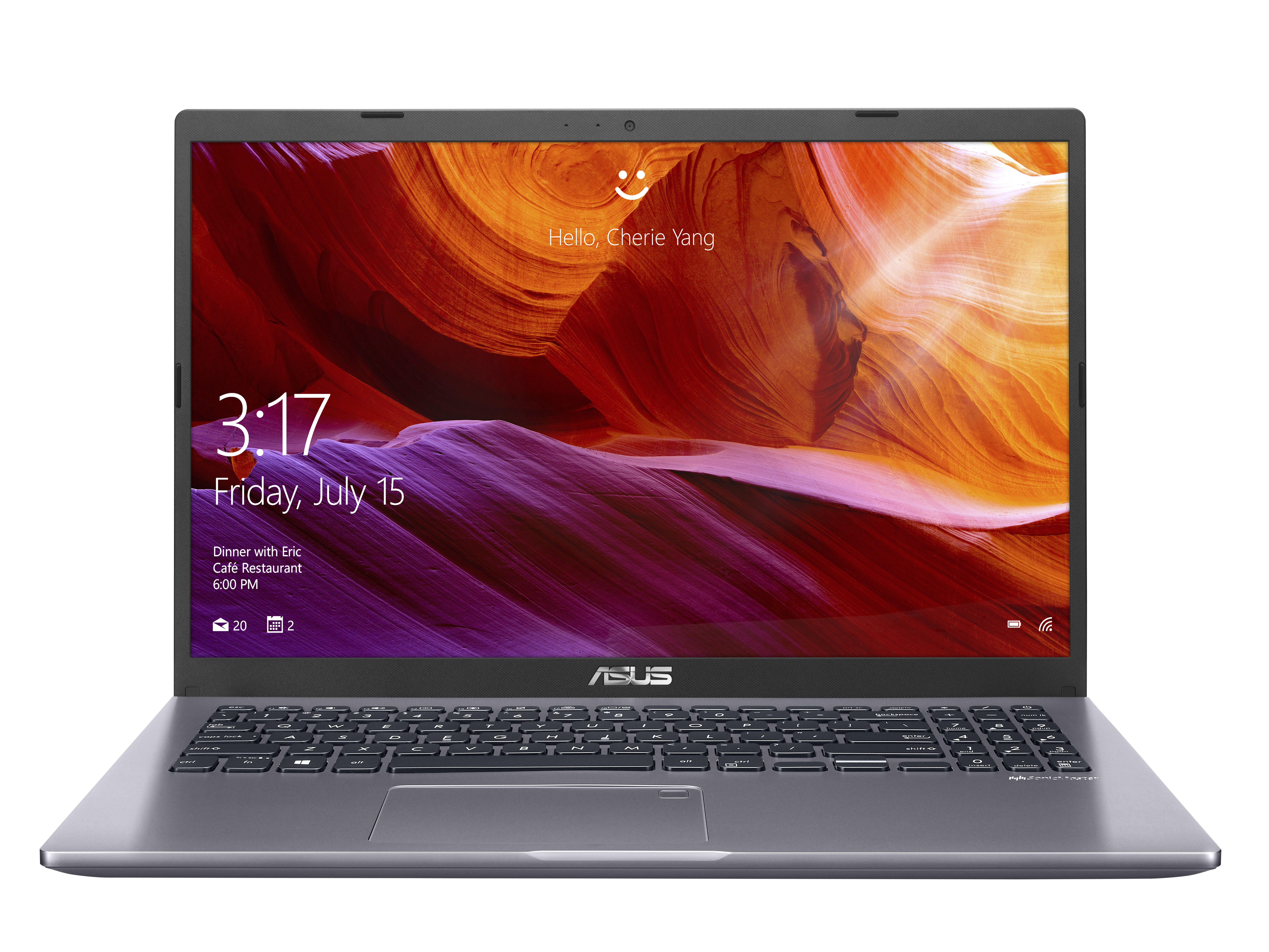 Ein grauer ASUS-Laptop zeigt auf dem Bildschirm die Zeit, das Datum und eine Canyon-Landschaft.