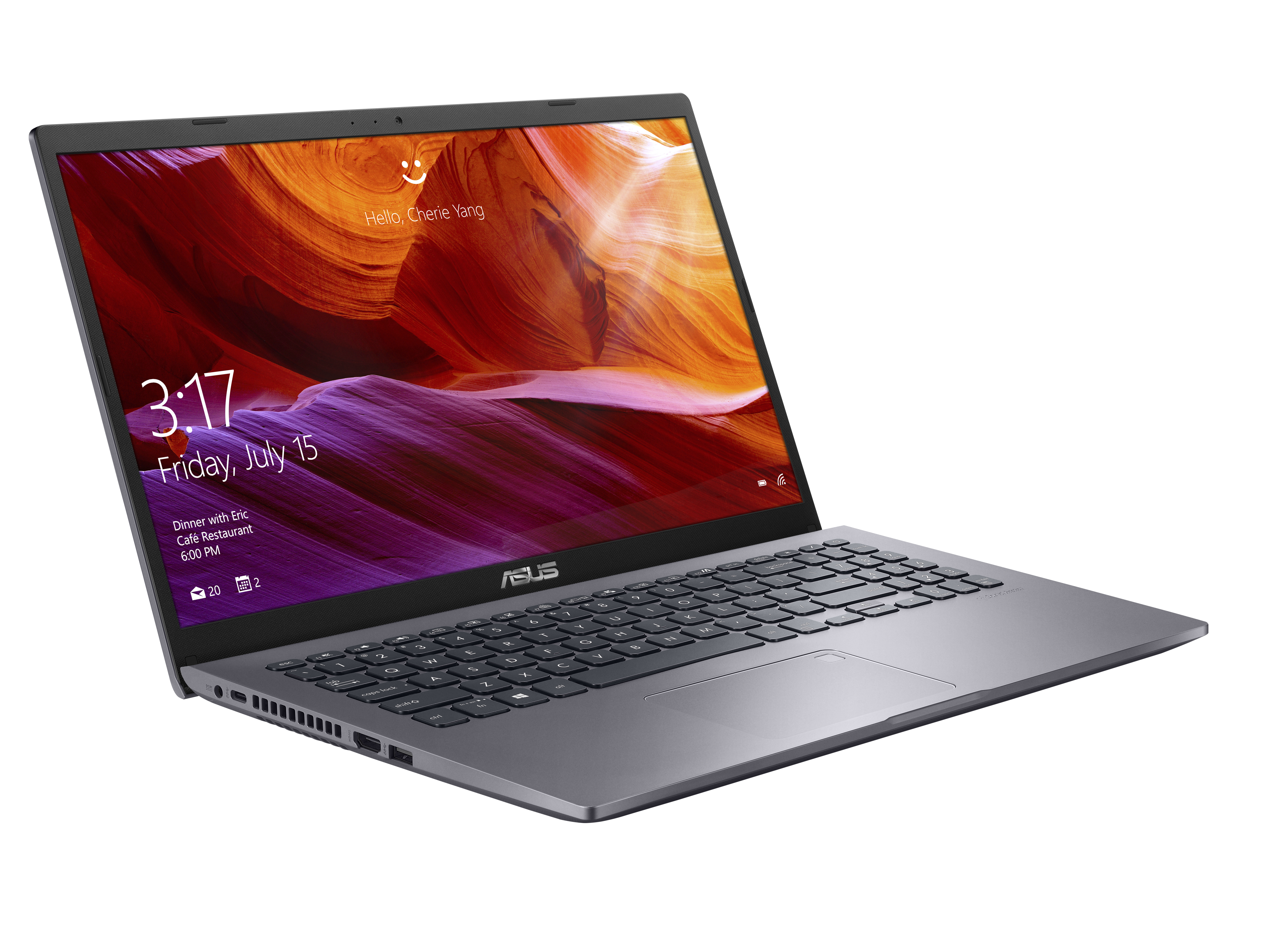 Ein grauer ASUS-Laptop im Querformat mit bunter Bildschirmanzeige und leerem Hintergrund.
