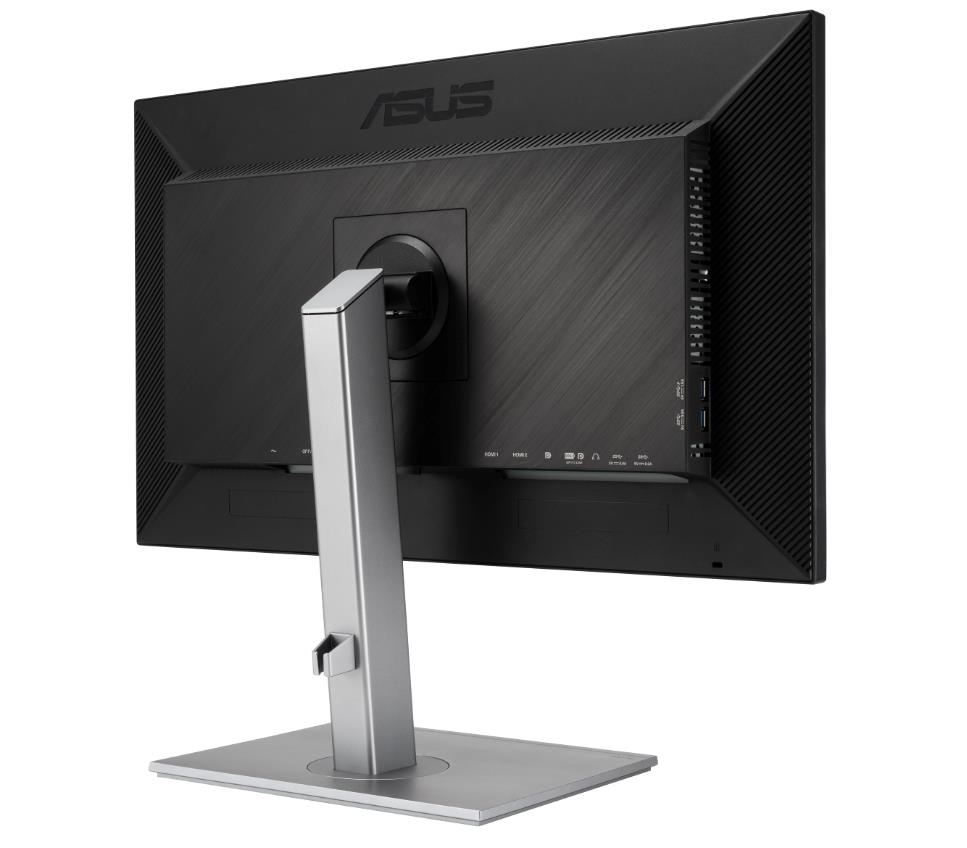 Rückseite des Asus ProArt Monitors. Schwarz mit Anschlüssen und Ständer.