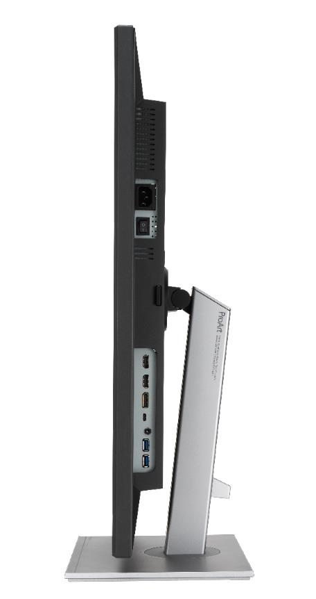 Seitenansicht des Asus ProArt Monitors, silberner Ständer, schwarzes Gehäuse, Anschlüsse sichtbar.