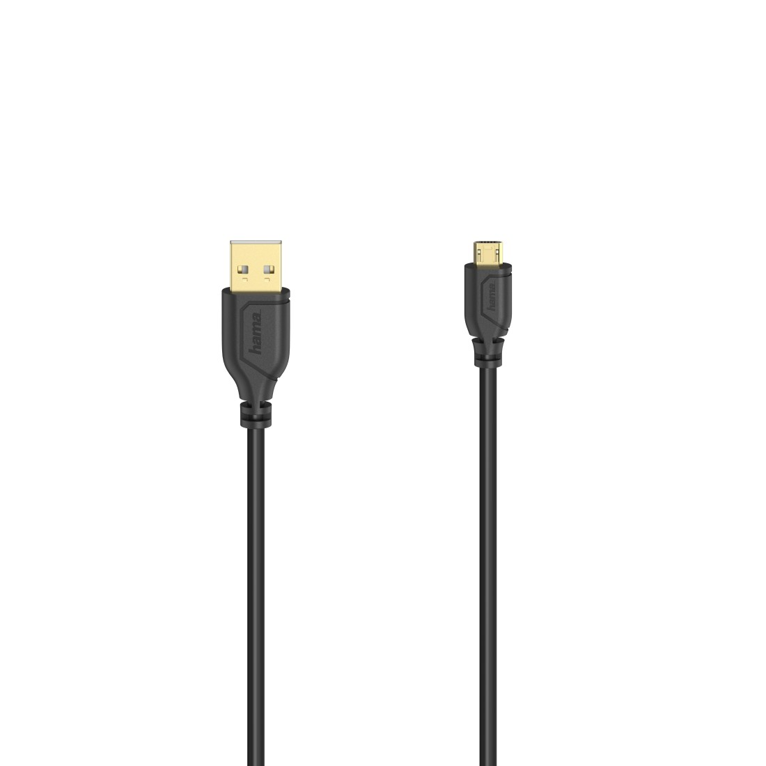 Deux câbles USB, un avec un connecteur USB standard, l'autre avec un connecteur micro USB. Câbles noirs sur blanc.