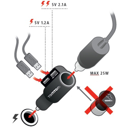 Schwarzes Autoladegerät mit USB-Anschlüssen und Warnung vor Rauchen.