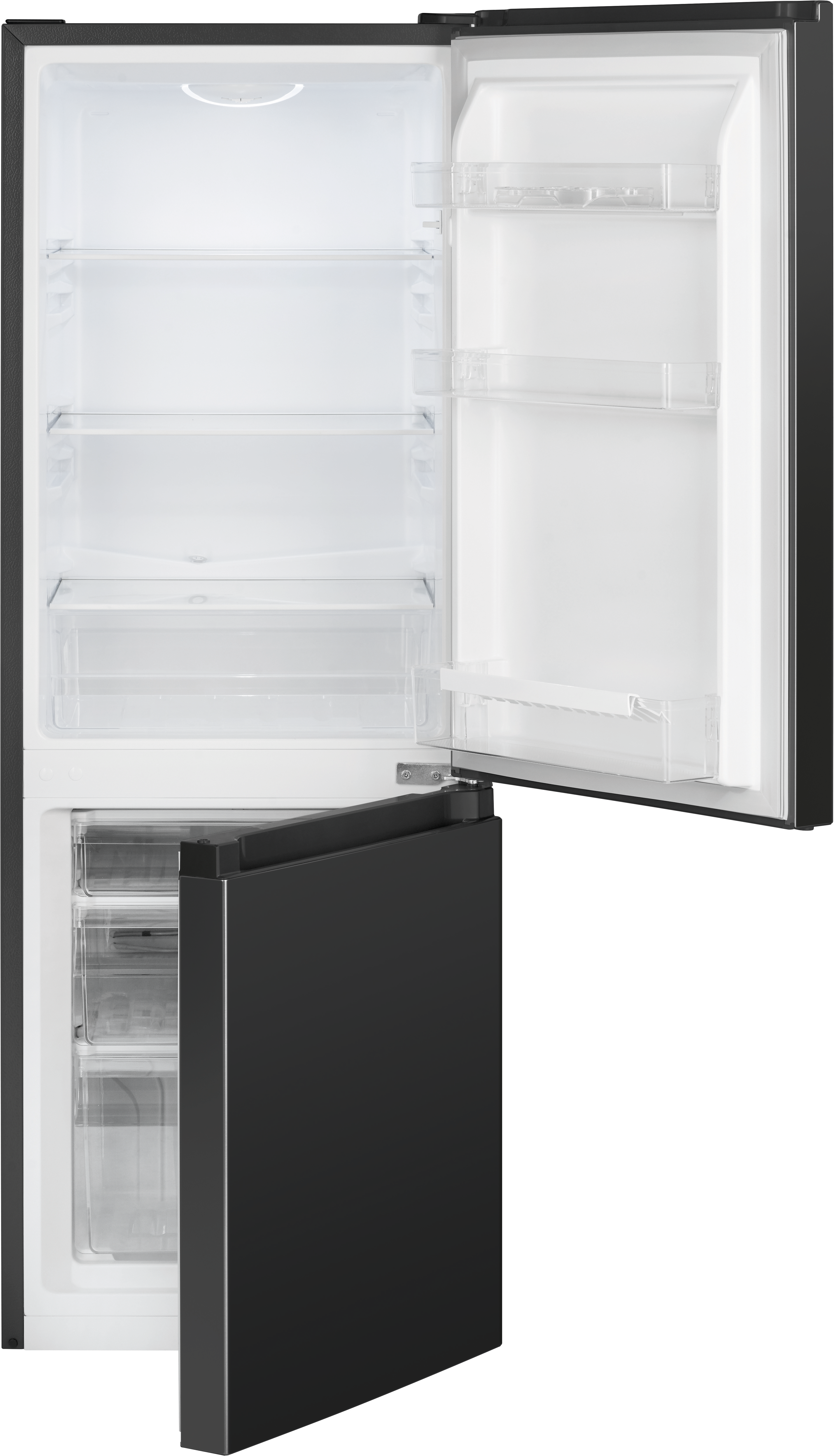 Schwarzer Kühlschrank mit offenen Türen. Innenregale und Schubladen sind sichtbar.