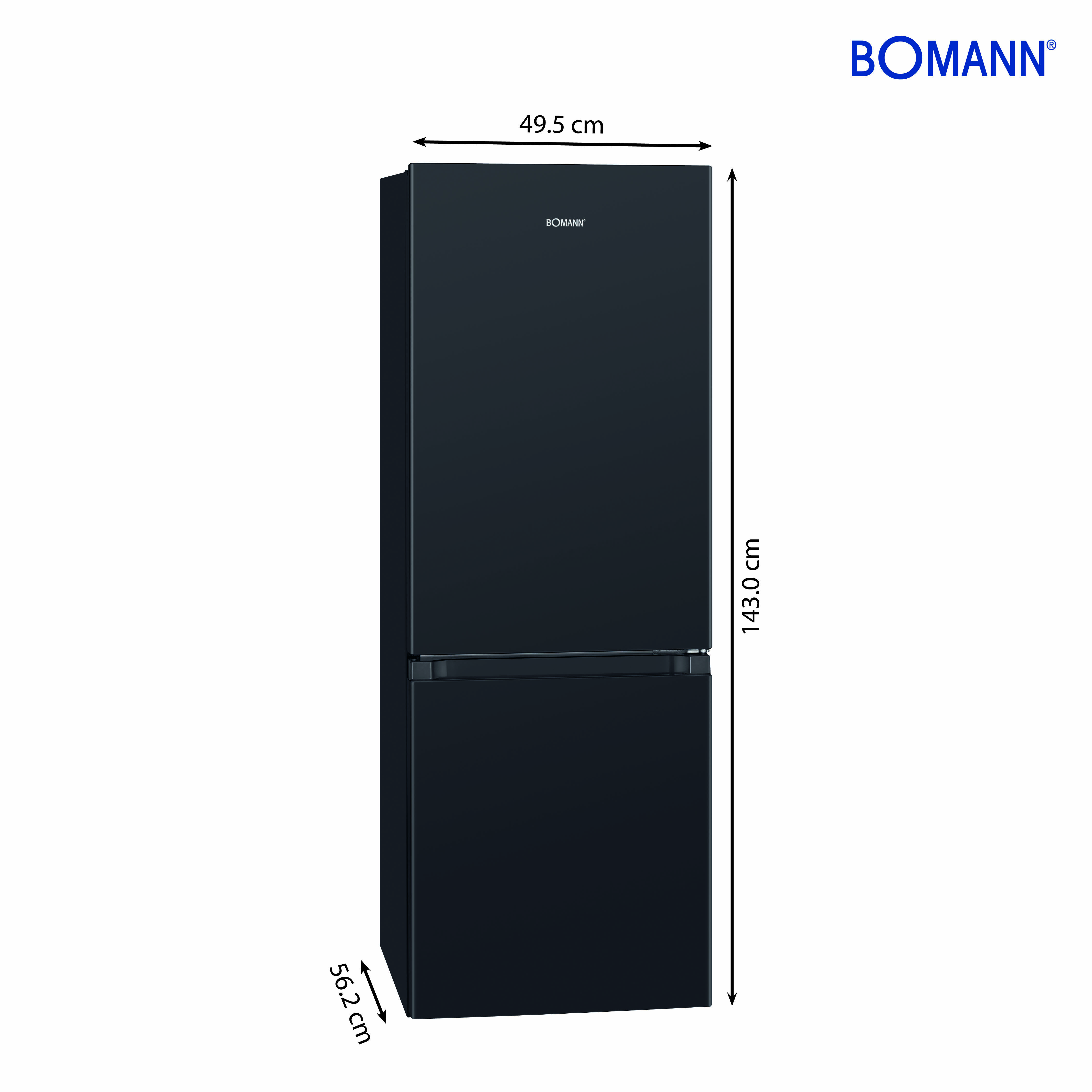 Schwarzer Bomann Kühlschrank. Abmessungen sind an der Seite angezeigt.