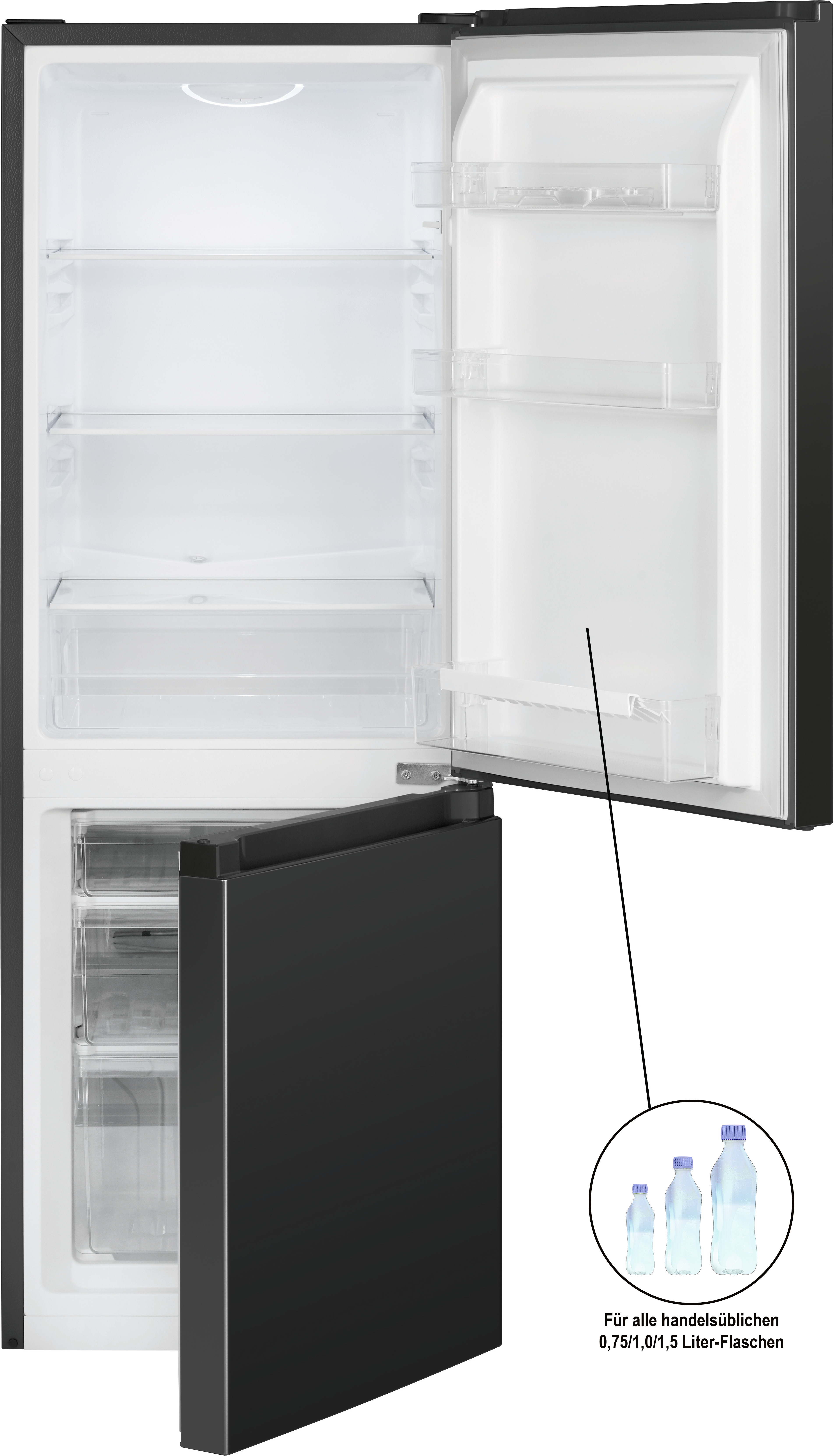 Schwarzer Kühlschrank, geöffnet, mit Regalen und Schubladen.